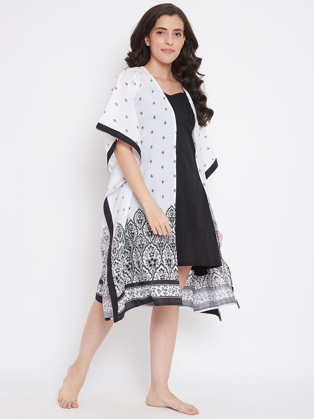 The Kaftan Company Sleep Gowns White Buti Printed Cotton Gown Set - (Clearance - Final Sale)