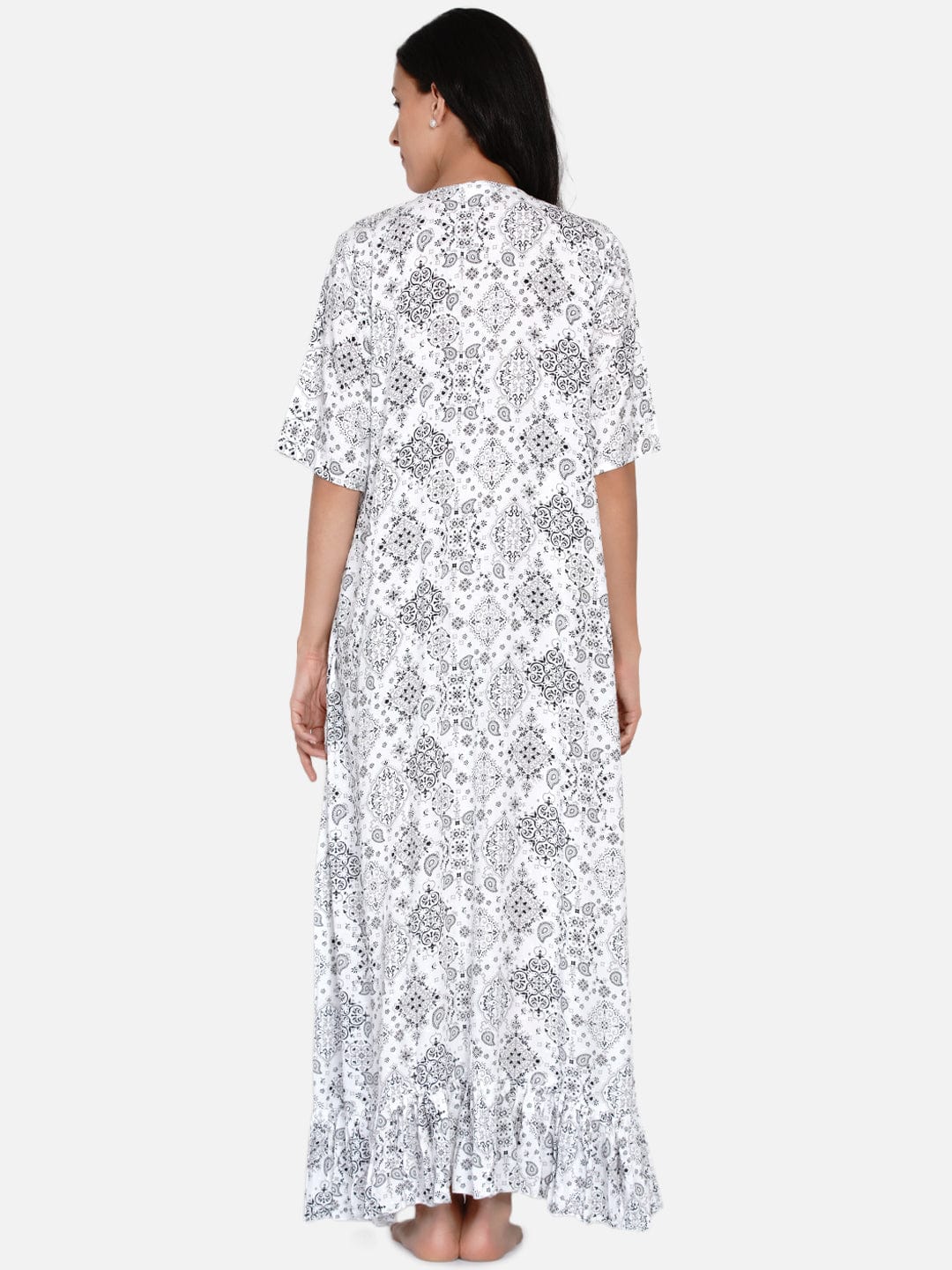 The Kaftan Company Sleepwear White Monochrome Gathers Loose Fit Nighty