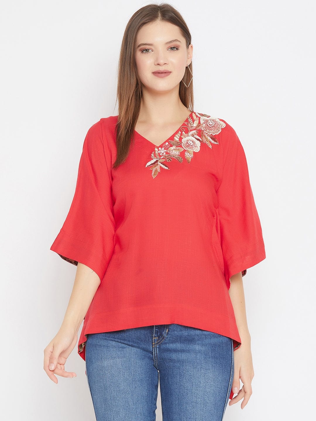 The Kaftan Company Tops 2XL Solid Red Kaftan Top with Hand Embroidery (Final Sale)