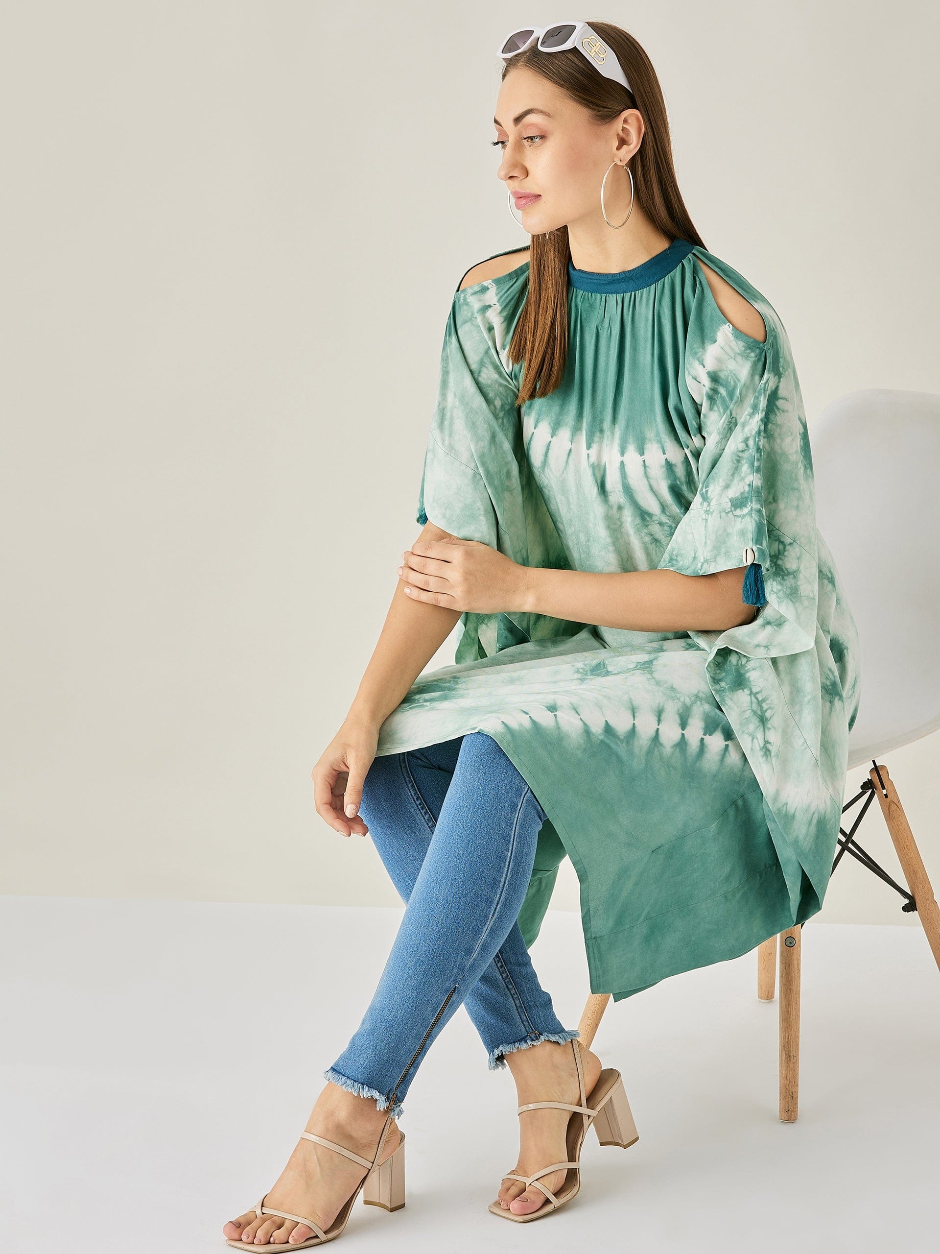 The Kaftan Company Tops Green Tie Dye Cut Shoulder Kaftan Tunic