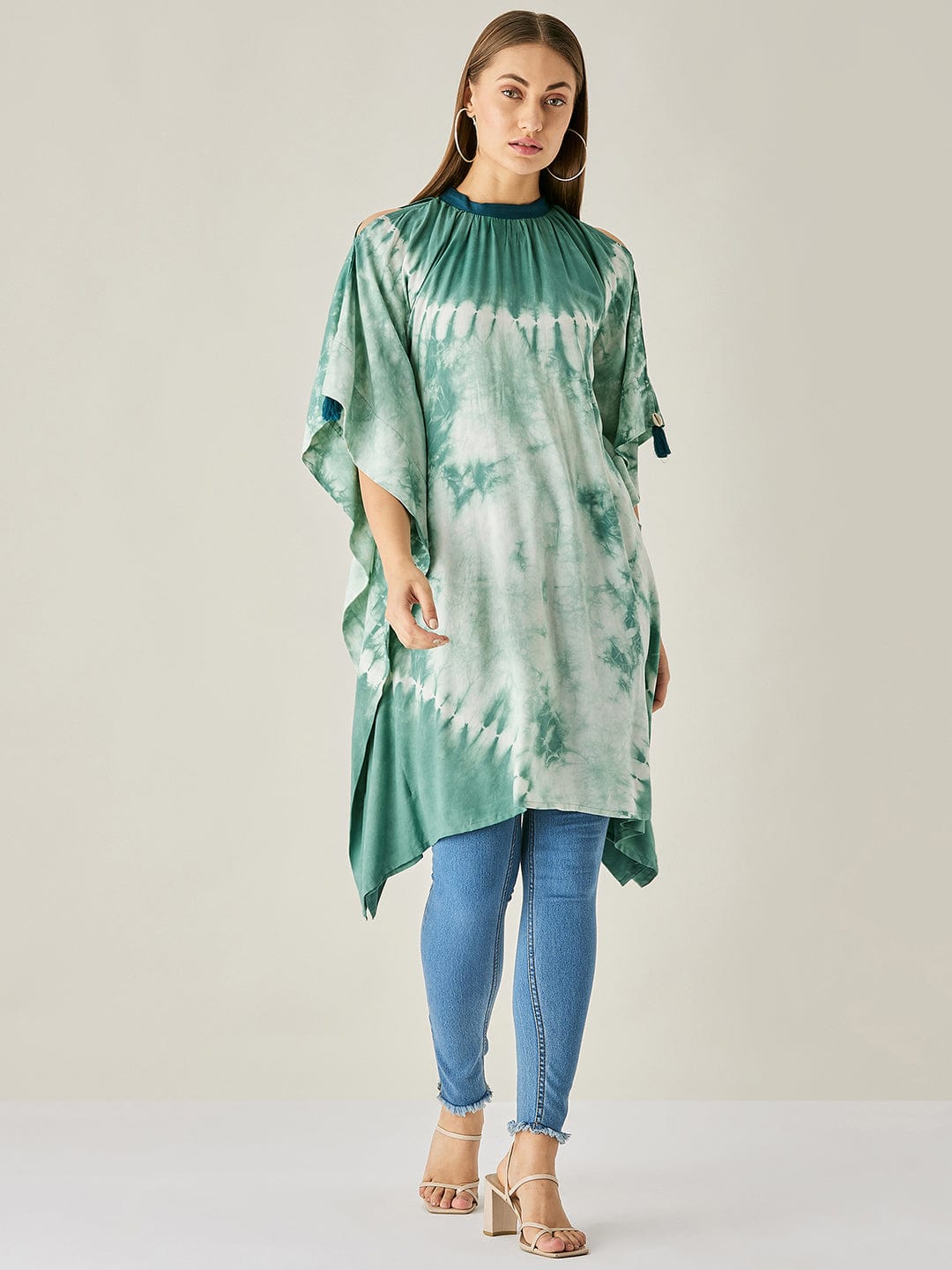 The Kaftan Company Tops Green Tie Dye Cut Shoulder Kaftan Tunic