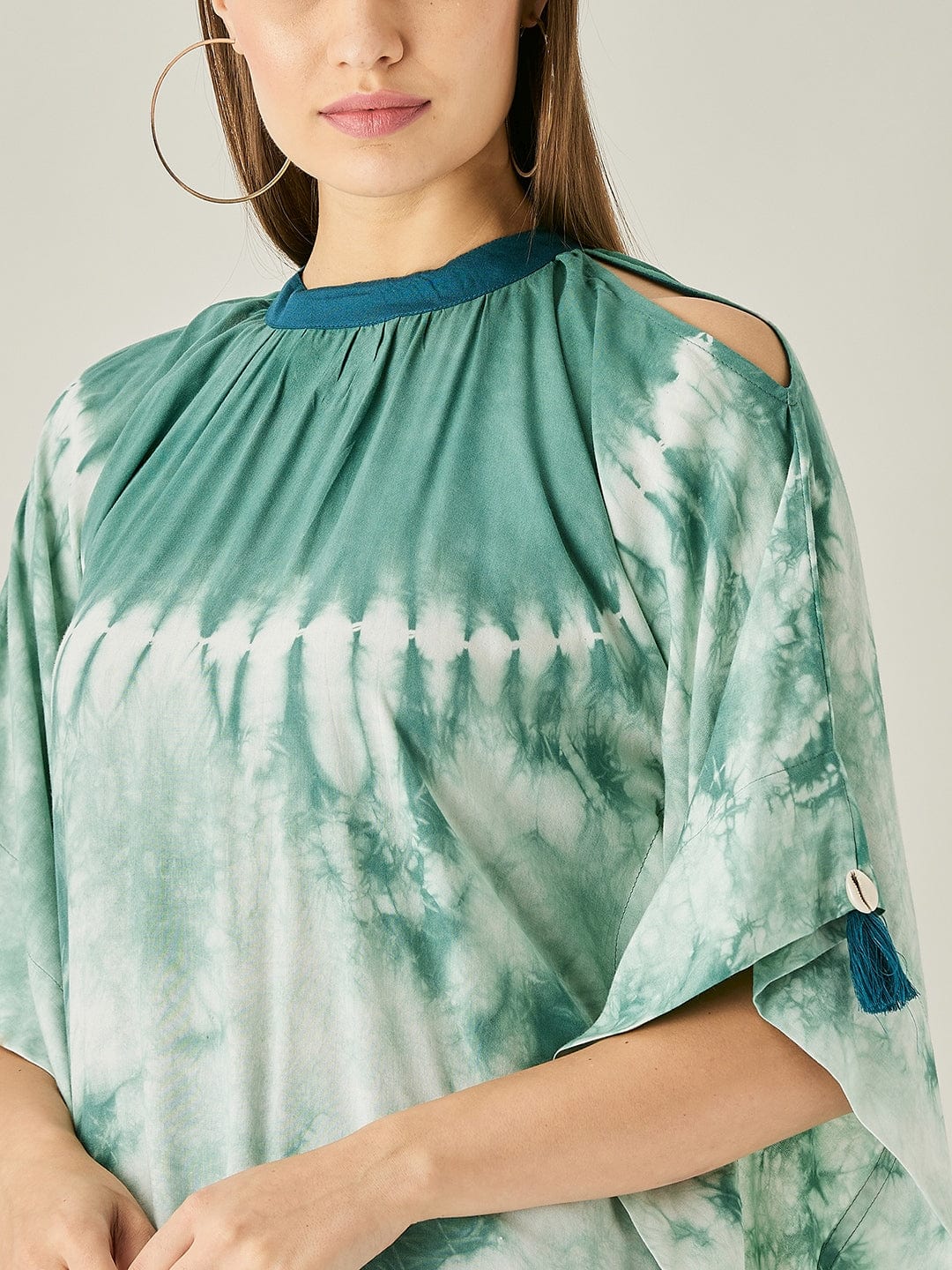The Kaftan Company Tops Green Tie Dye Cut Shoulder Kaftan Tunic