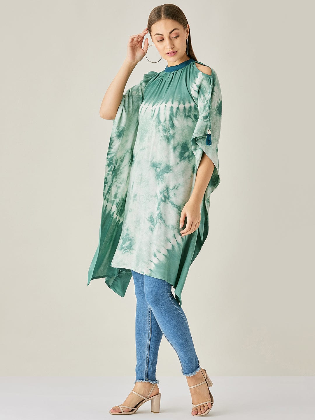 The Kaftan Company Tops Green Tie Dye Cut Shoulder Kaftan Tunic