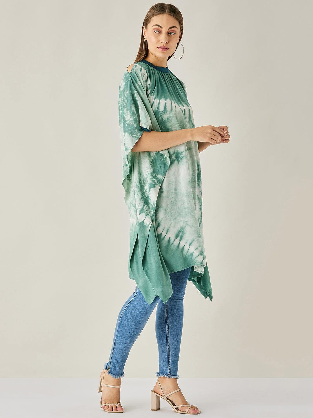 The Kaftan Company Tops Green Tie Dye Cut Shoulder Kaftan Tunic
