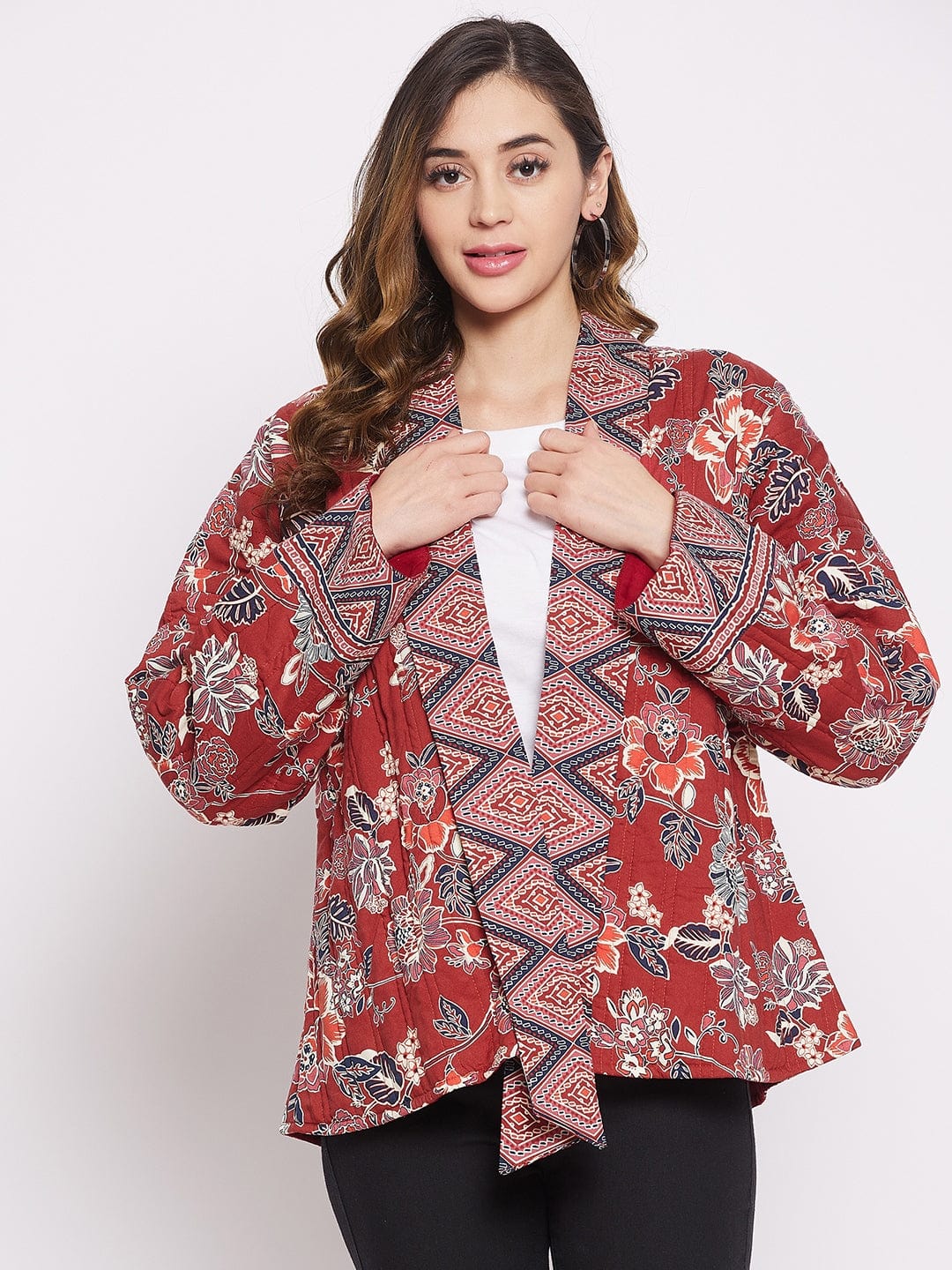 The Kaftan Company Tops Maroon Floral Flow Jacket