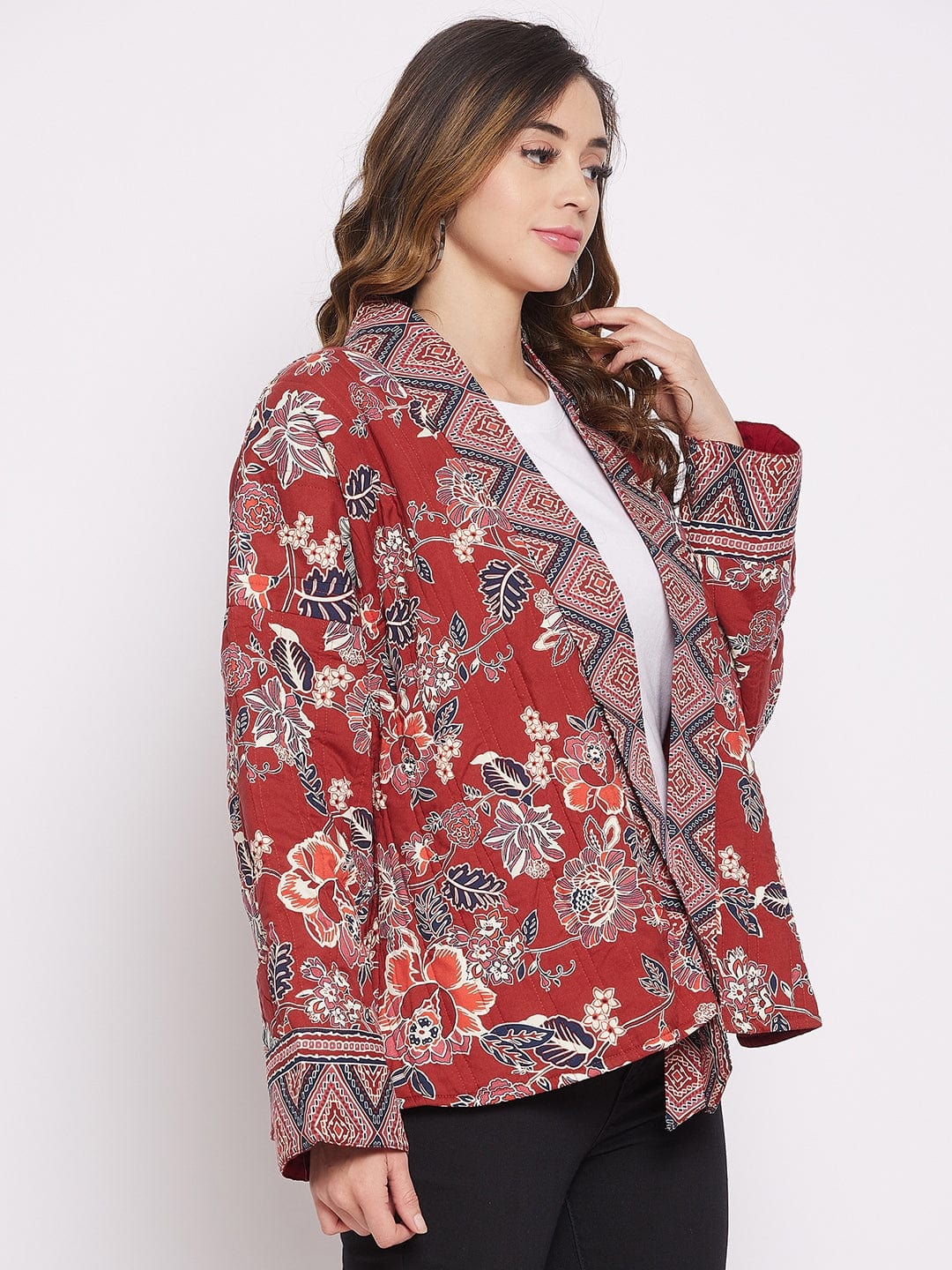 The Kaftan Company Tops Maroon Floral Flow Jacket