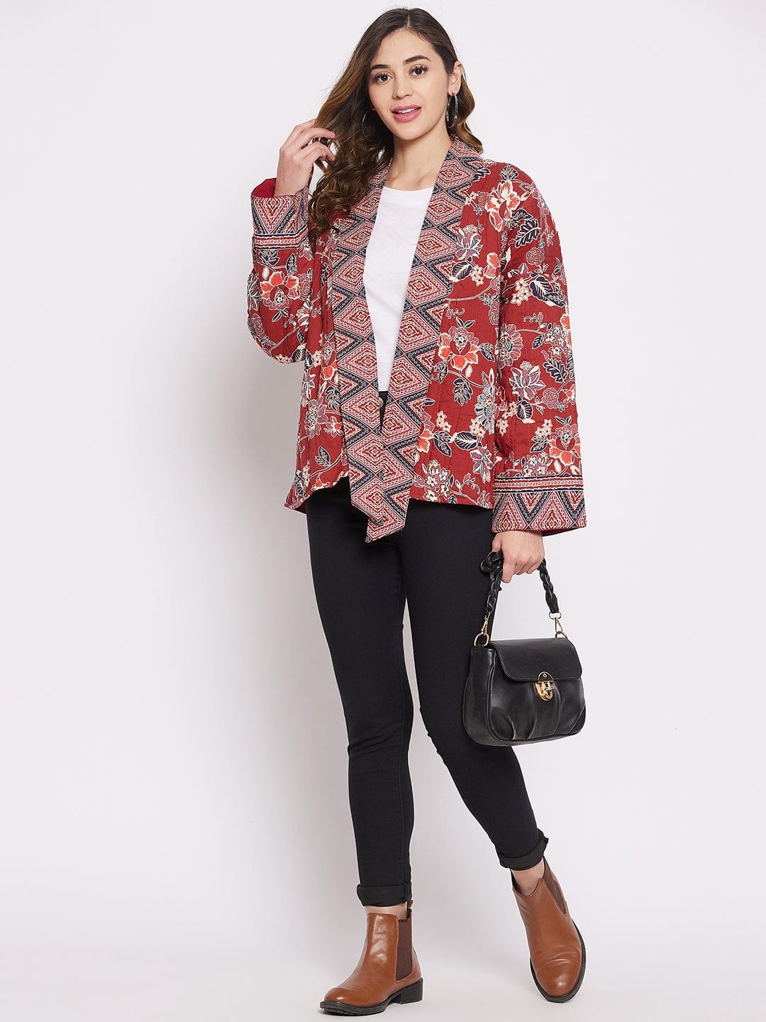The Kaftan Company Tops Maroon Floral Flow Jacket