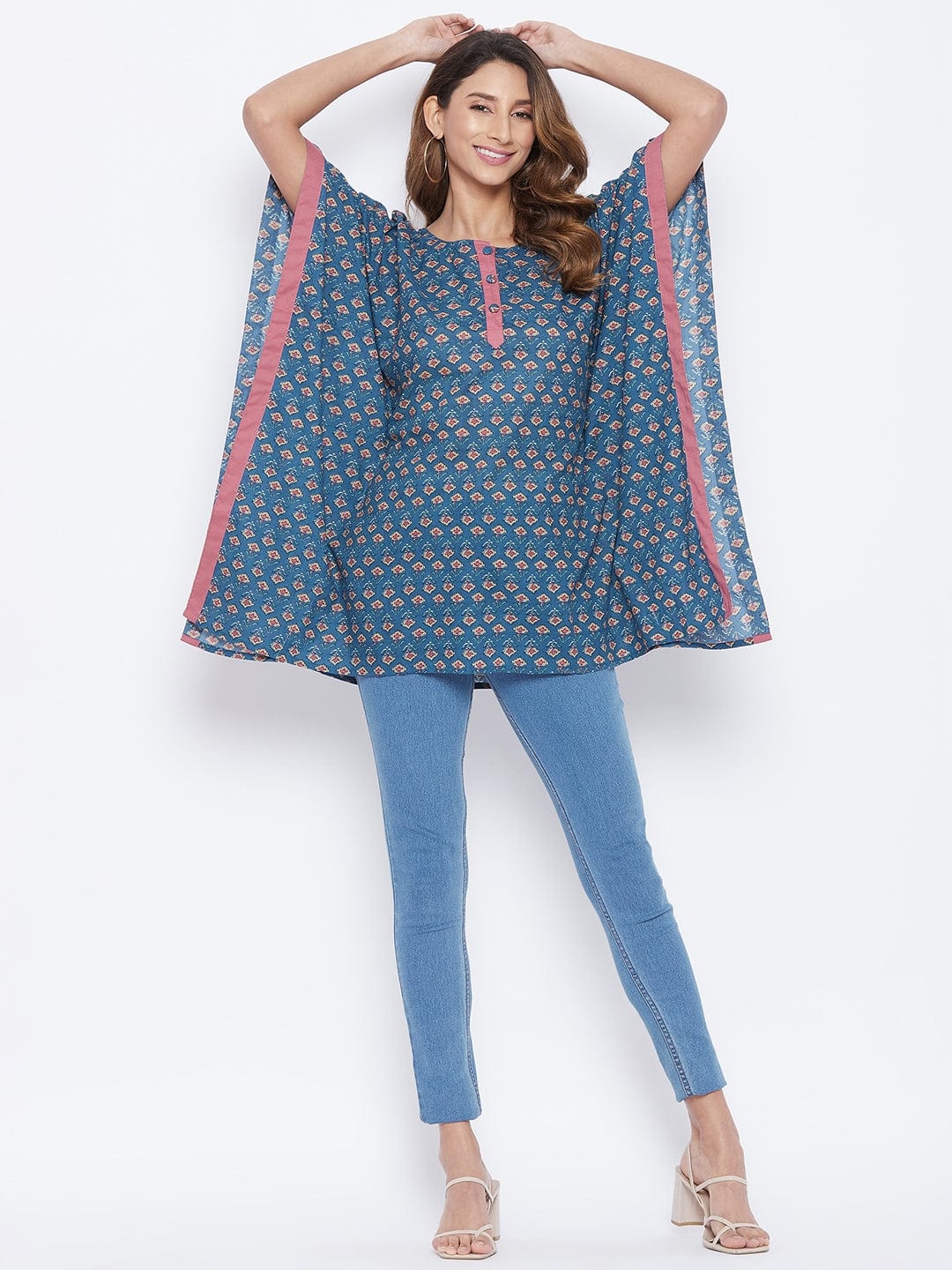 The Kaftan Company Tops Navy Blue Floral Buta Kaftan Top