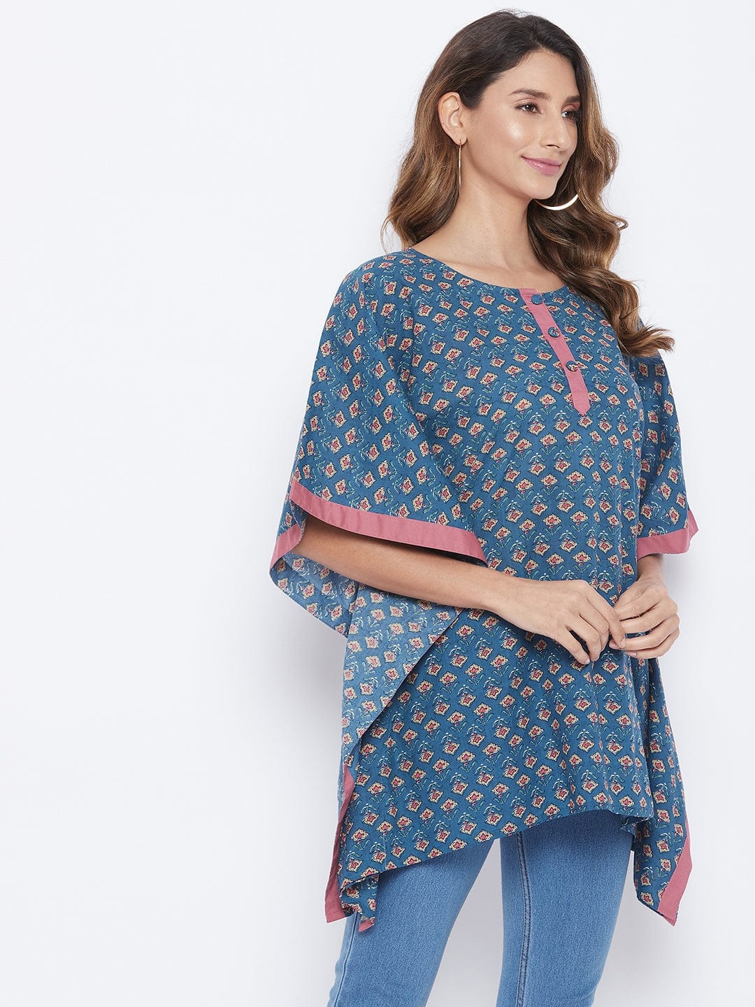 The Kaftan Company Tops Navy Blue Floral Buta Kaftan Top