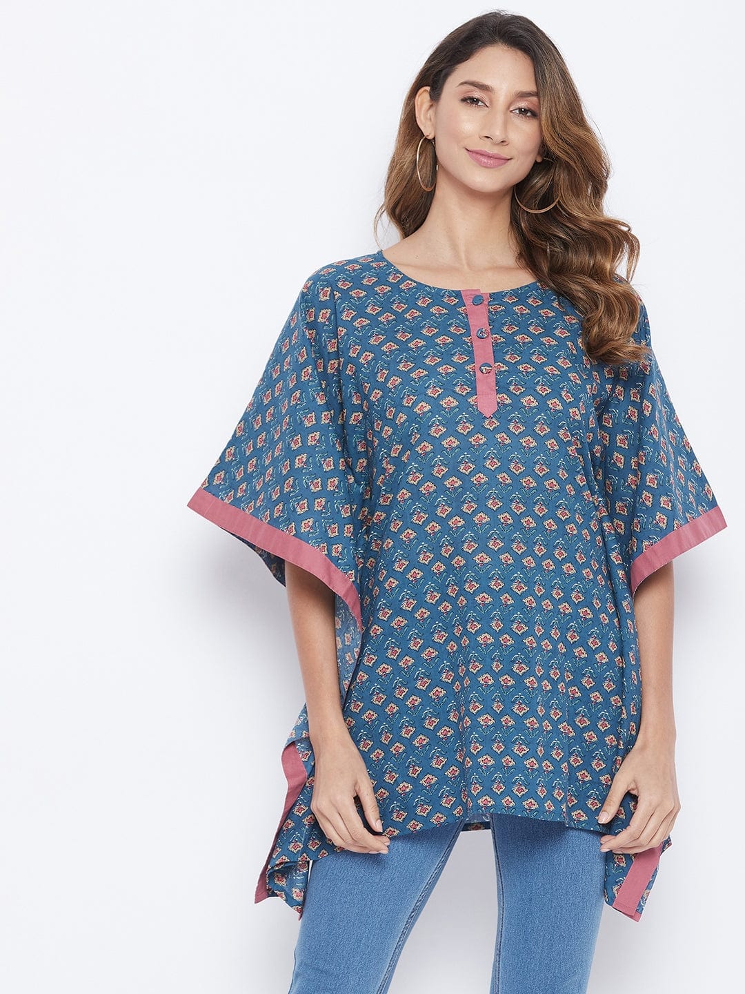 The Kaftan Company Tops Navy Blue Floral Buta Kaftan Top