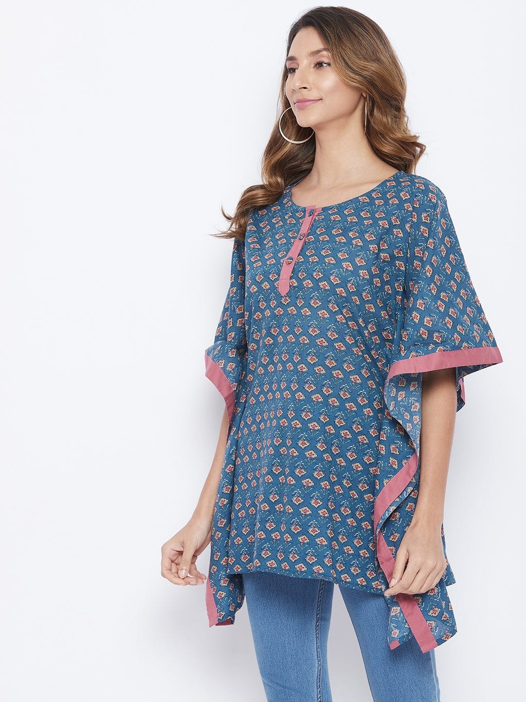 The Kaftan Company Tops Navy Blue Floral Buta Kaftan Top