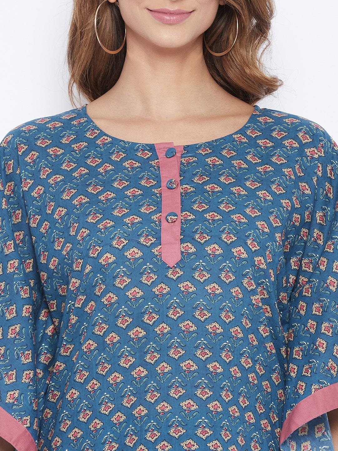 The Kaftan Company Tops Navy Blue Floral Buta Kaftan Top