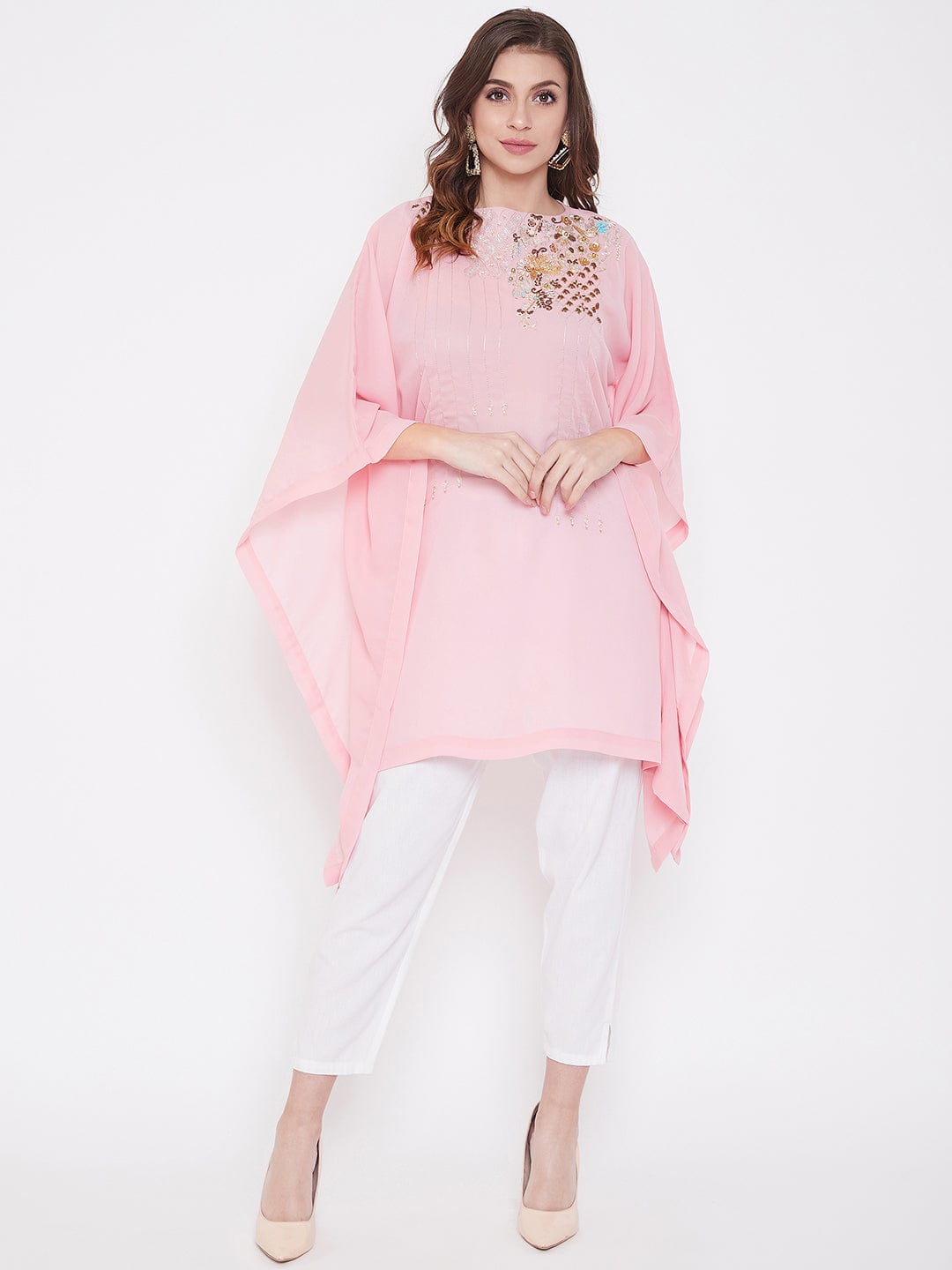 The Kaftan Company Tops Party Pink Zari Embroidery Georgette Kaftan - (Clearance - Final Sale)