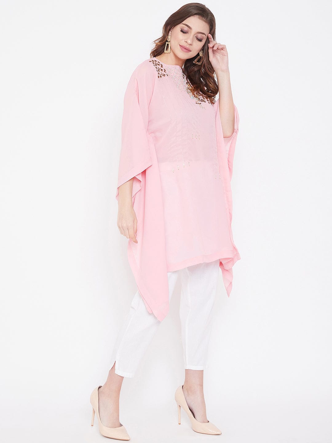 The Kaftan Company Tops Party Pink Zari Embroidery Georgette Kaftan - (Clearance - Final Sale)