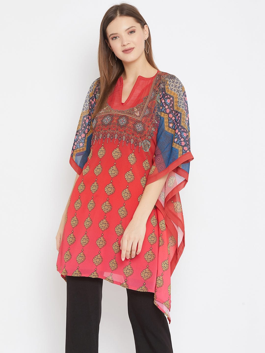 The Kaftan Company Tops Persian Printed Red Kaftan with Hand Embroidery - (Final Sale)