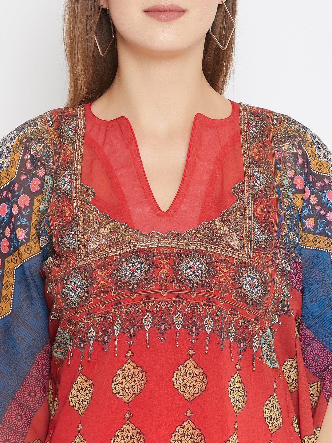The Kaftan Company Tops Persian Printed Red Kaftan with Hand Embroidery - (Final Sale)