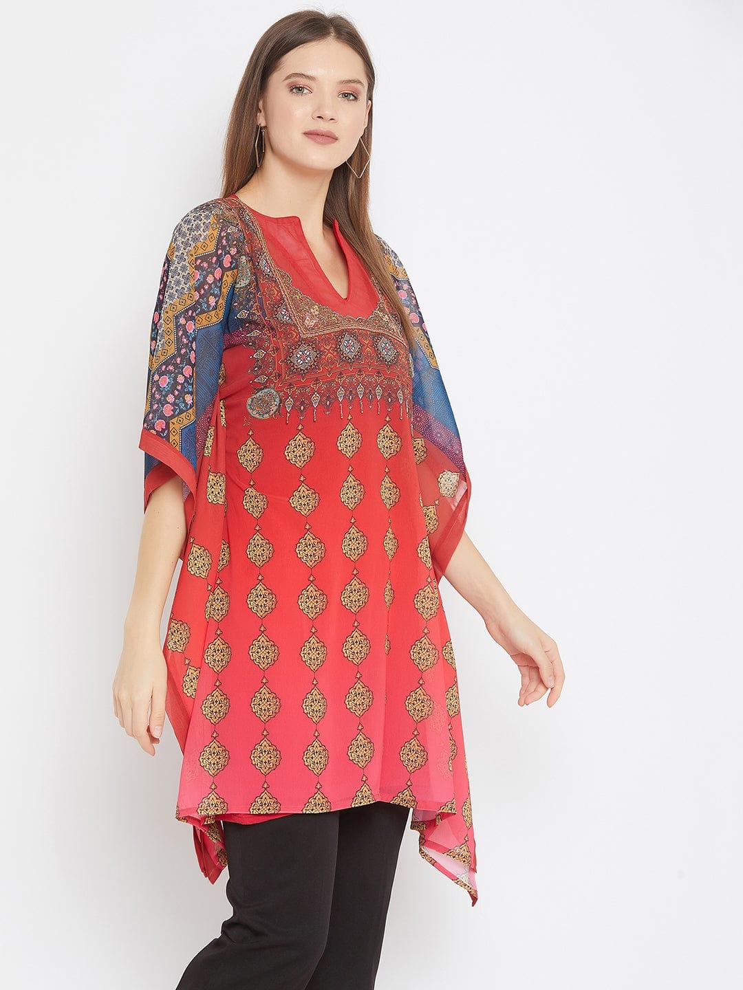 The Kaftan Company Tops Persian Printed Red Kaftan with Hand Embroidery - (Final Sale)