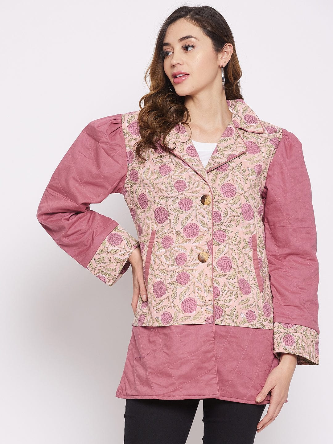 The Kaftan Company Tops Pink Floral Buta Cotton Jacket (Final Sale)