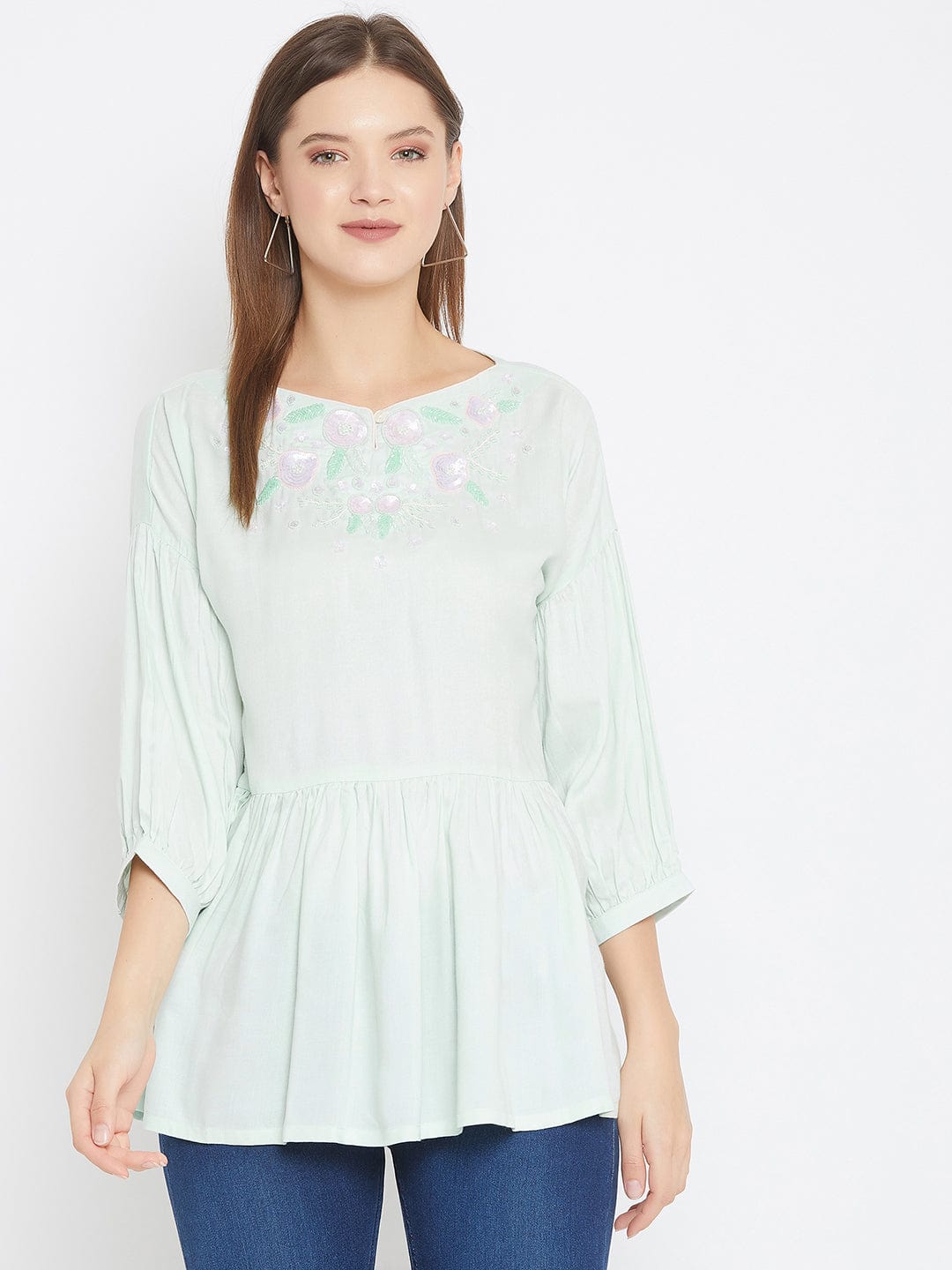 The Kaftan Company Tops Powder Blue Top with Hand Embroidery