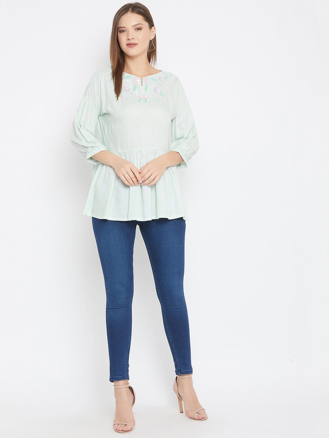 The Kaftan Company Tops Powder Blue Top with Hand Embroidery