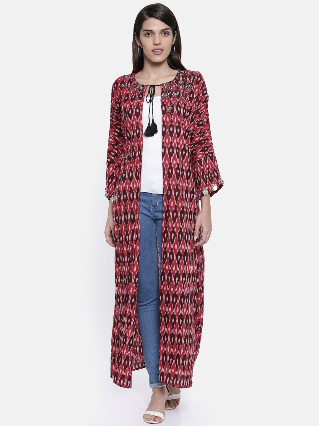 The Kaftan Company Tops Red Ikkat Hand Embellished Shrug - (Final Sale)