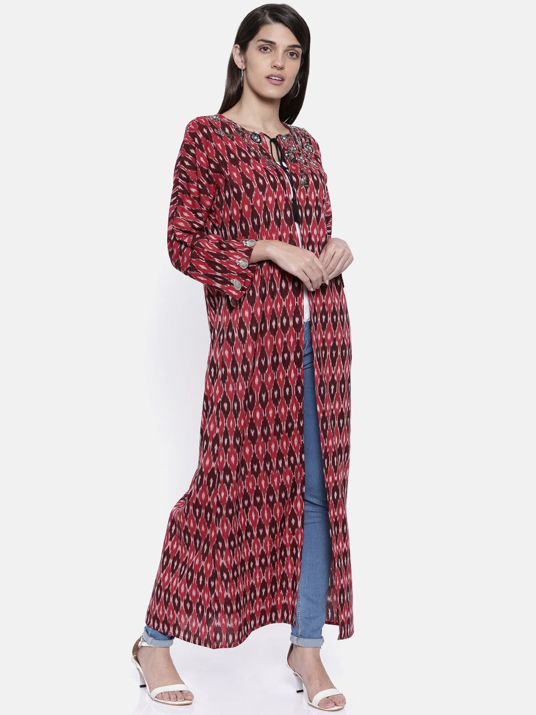 The Kaftan Company Tops Red Ikkat Hand Embellished Shrug - (Final Sale)