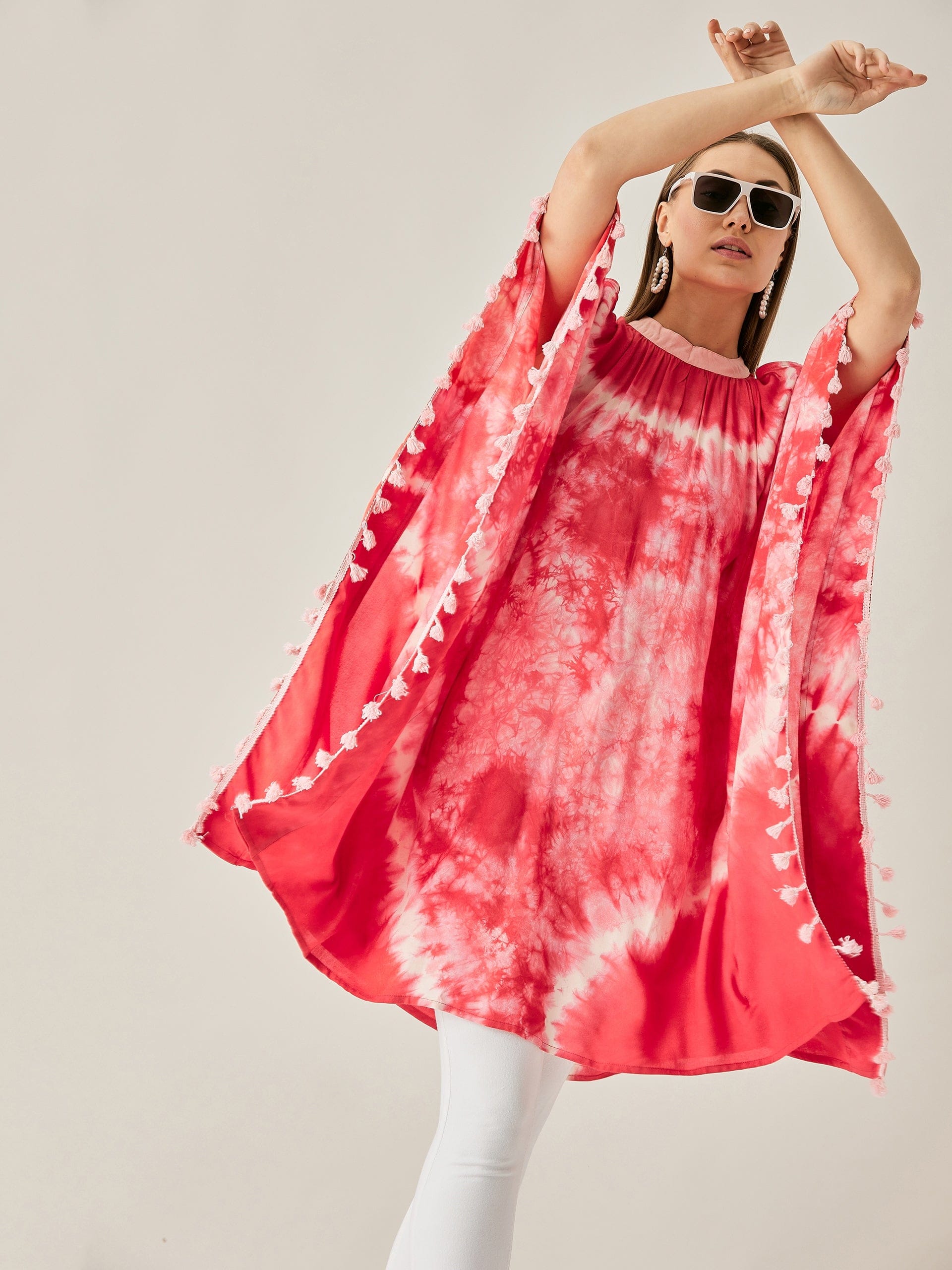 The Kaftan Company Tops Red Tie Dye Cut Shoulder Kaftan Tunic