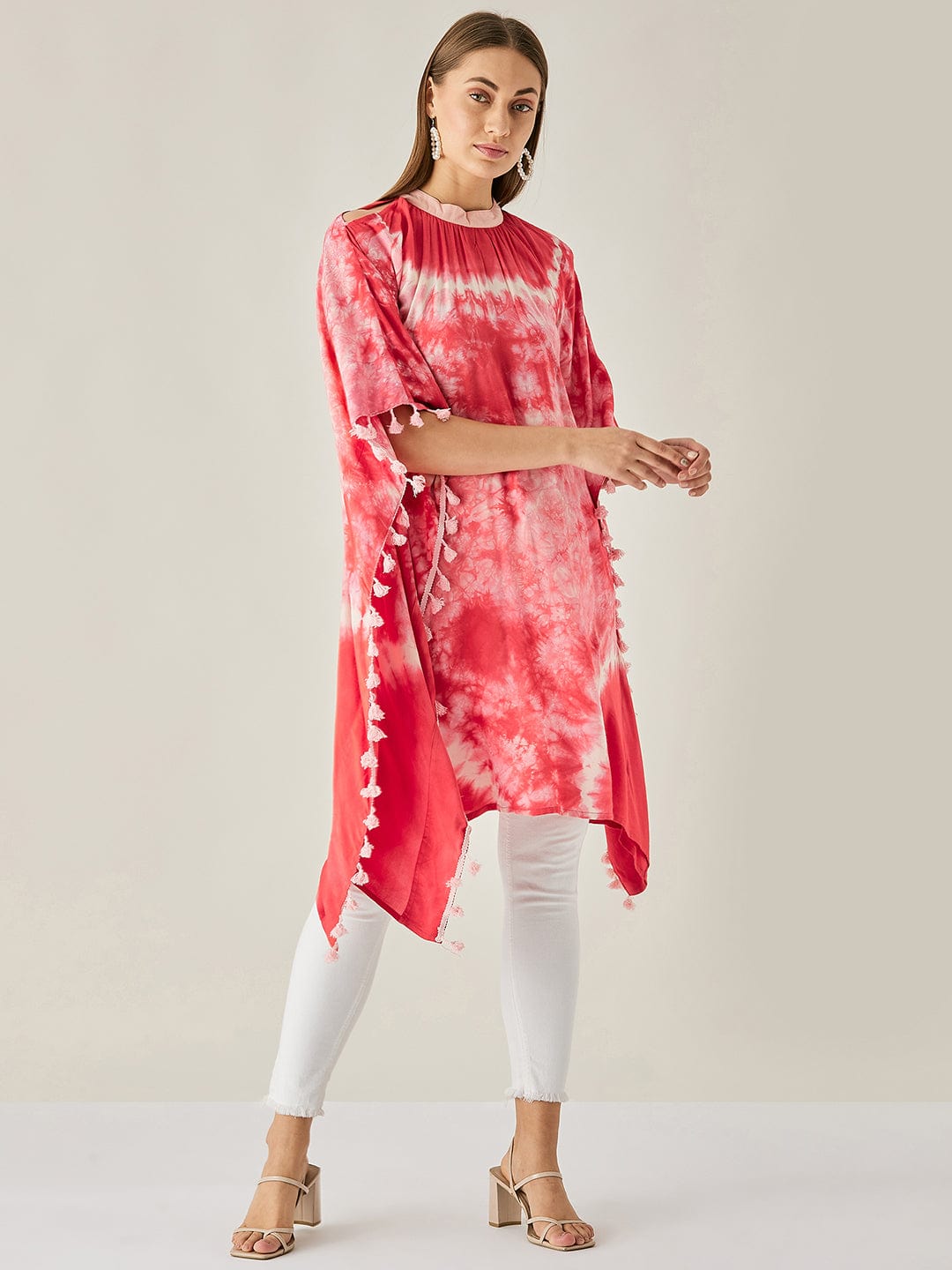 The Kaftan Company Tops Red Tie Dye Cut Shoulder Kaftan Tunic