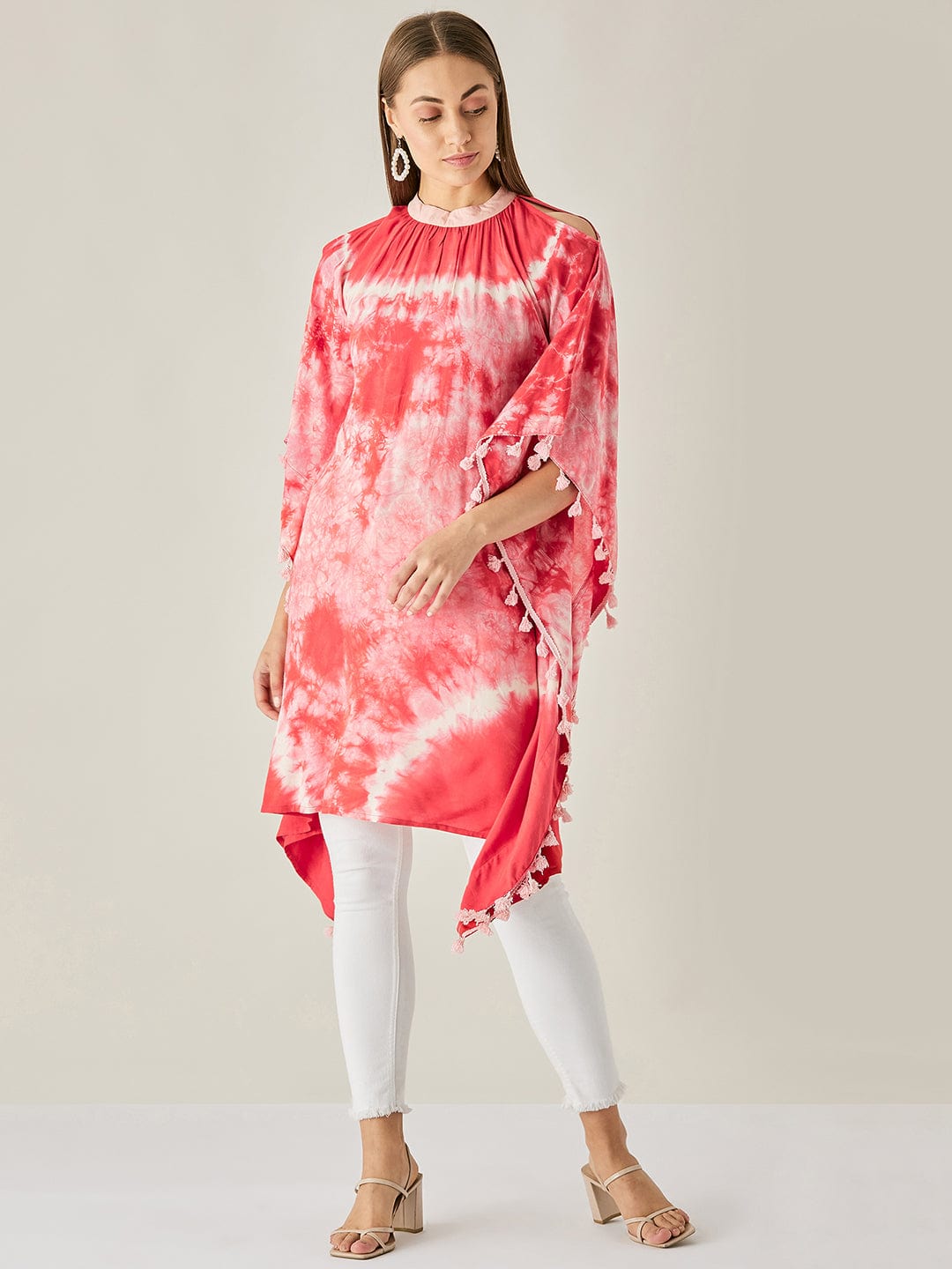 The Kaftan Company Tops Red Tie Dye Cut Shoulder Kaftan Tunic
