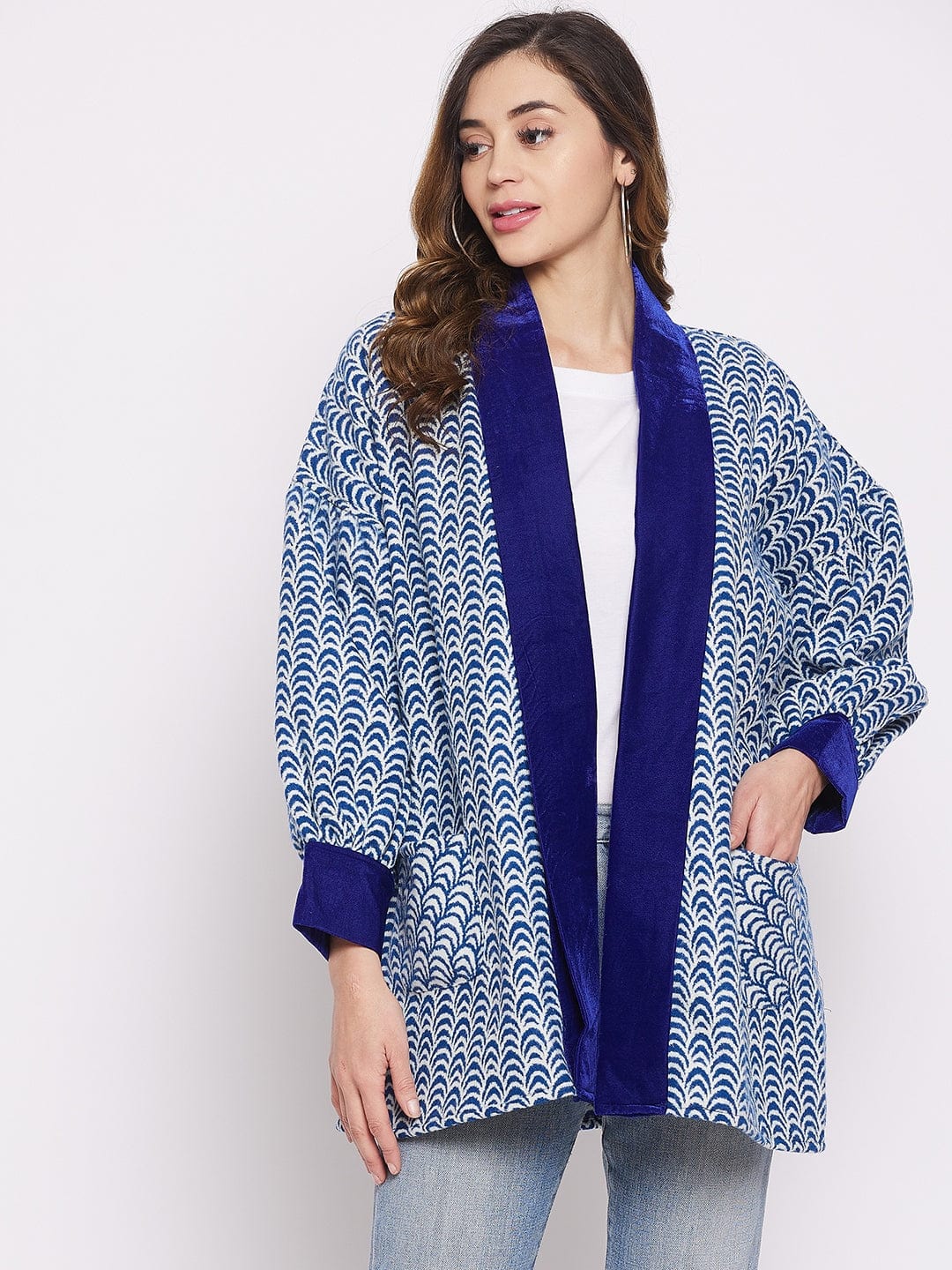 The Kaftan Company Tops Royal Blue And White Scalloped Jacket