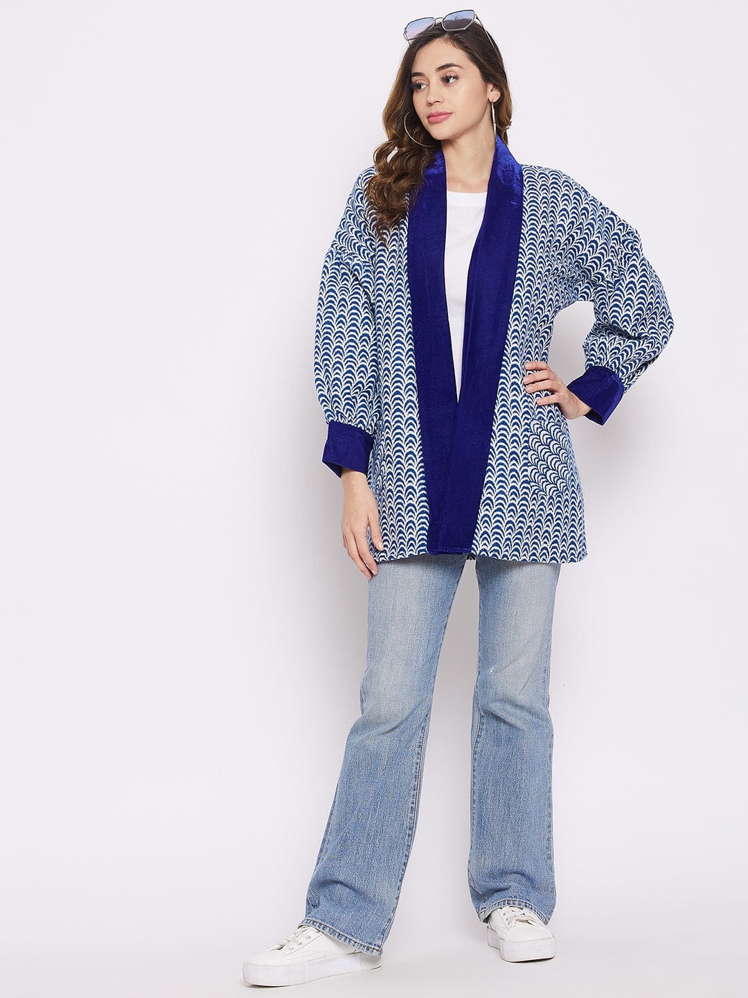 The Kaftan Company Tops Royal Blue And White Scalloped Jacket