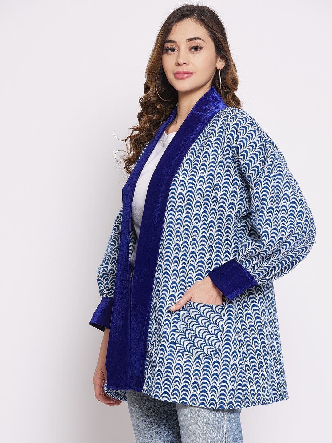 The Kaftan Company Tops Royal Blue And White Scalloped Jacket