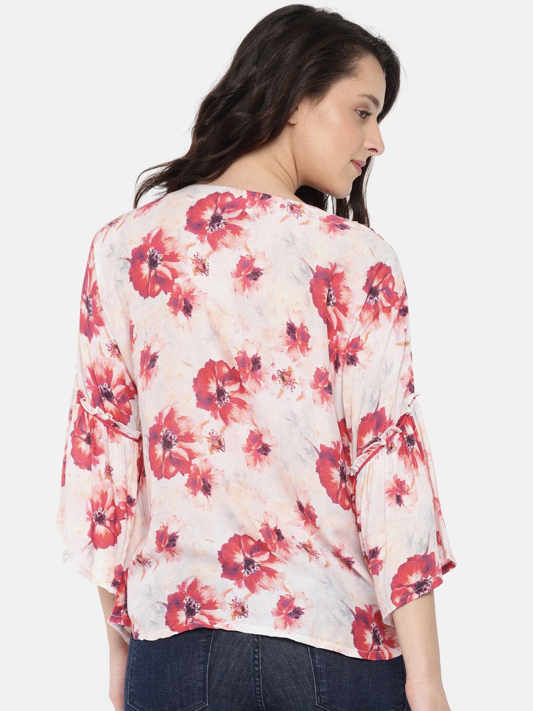 The Kaftan Company Tops S Red Floral Print Ruffle Sleeve Top - (Clearance - Final Sale)