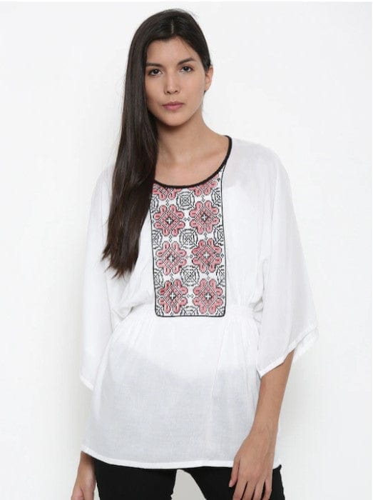 The Kaftan Company Tops Solid White Embroidered Kaftan Top - (Clearance - Final Sale)