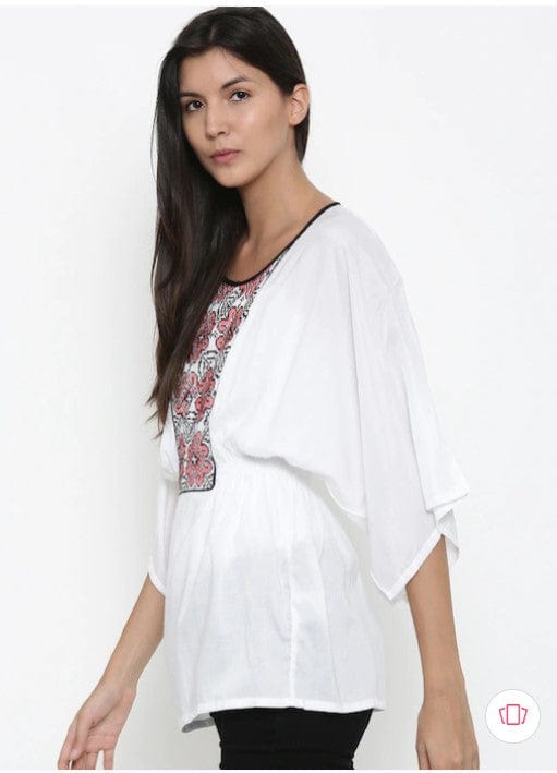 The Kaftan Company Tops Solid White Embroidered Kaftan Top - (Clearance - Final Sale)