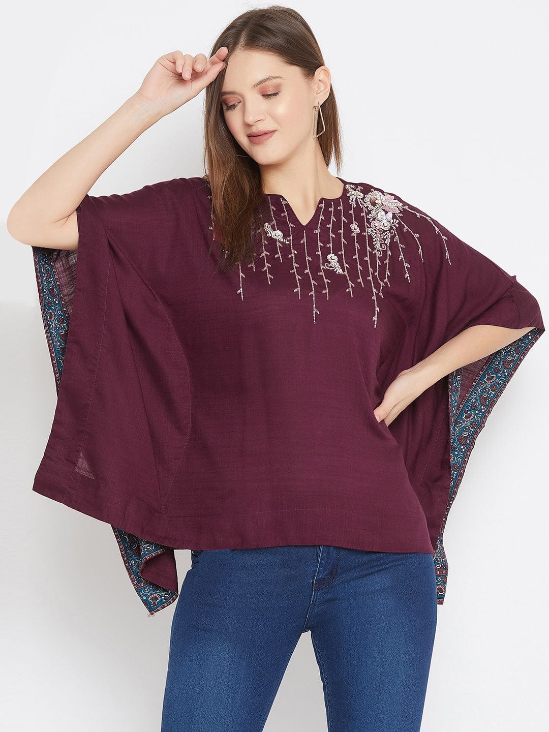 The Kaftan Company Tops Solid Wine Kaftan Top with Hand Embroidery (Final Sale)