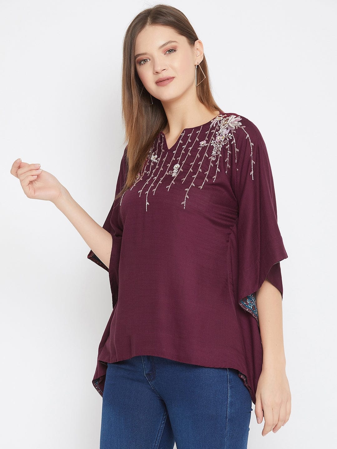 The Kaftan Company Tops Solid Wine Kaftan Top with Hand Embroidery (Final Sale)
