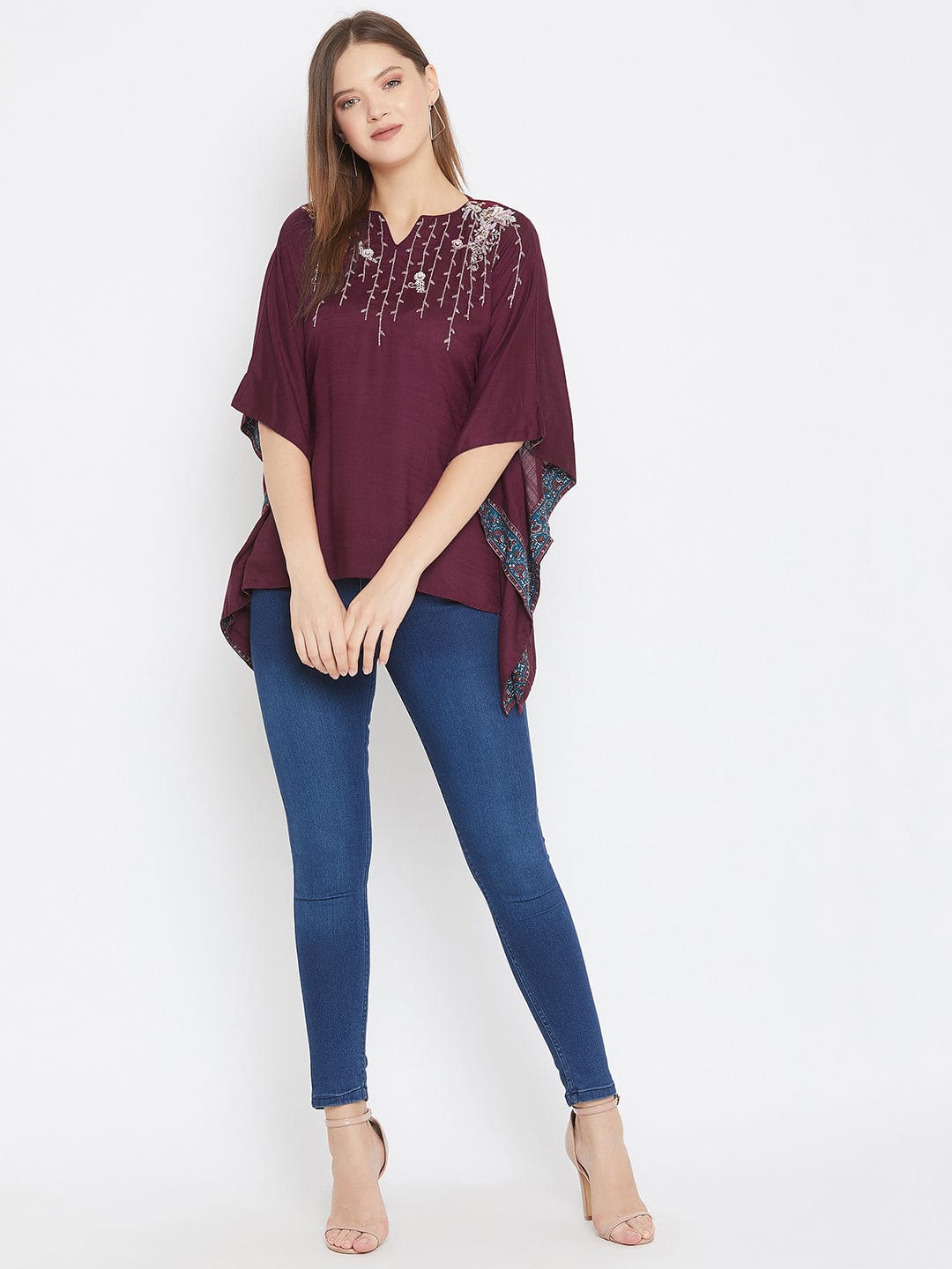 The Kaftan Company Tops Solid Wine Kaftan Top with Hand Embroidery (Final Sale)