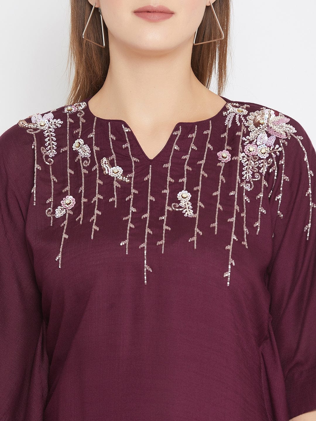 The Kaftan Company Tops Solid Wine Kaftan Top with Hand Embroidery (Final Sale)
