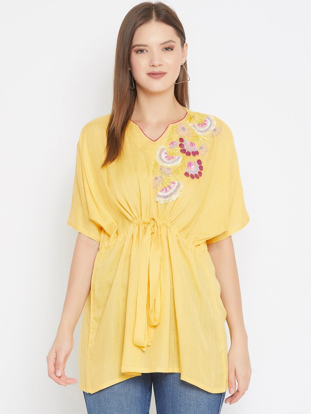 The Kaftan Company Tops Solid Yellow Top with Sequin Hand Embroidery