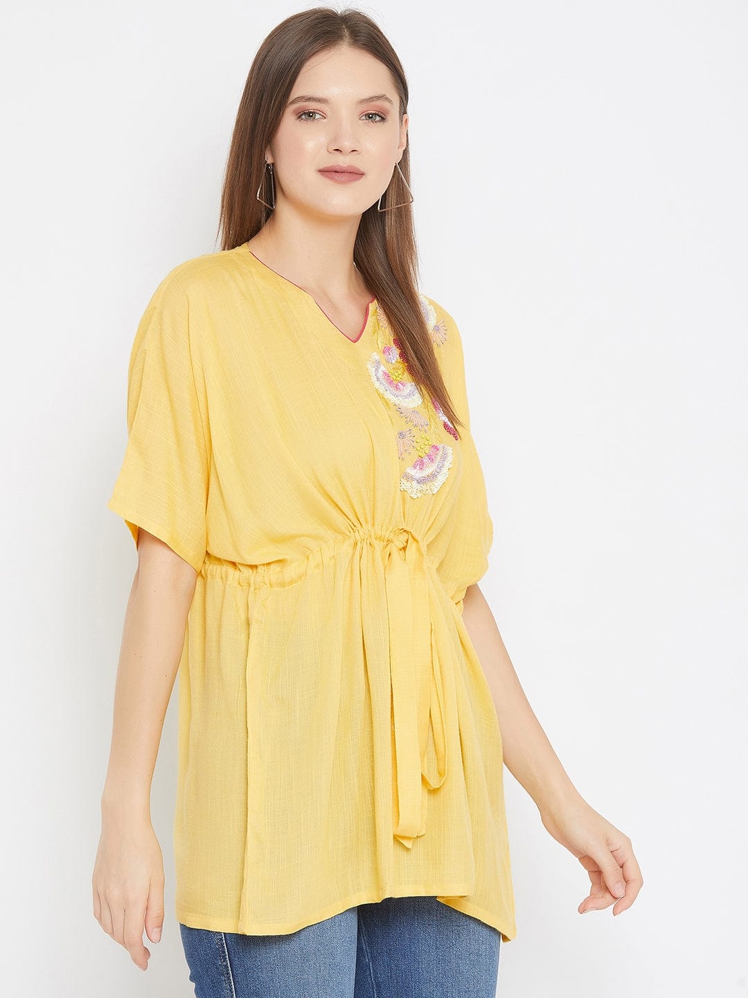 The Kaftan Company Tops Solid Yellow Top with Sequin Hand Embroidery