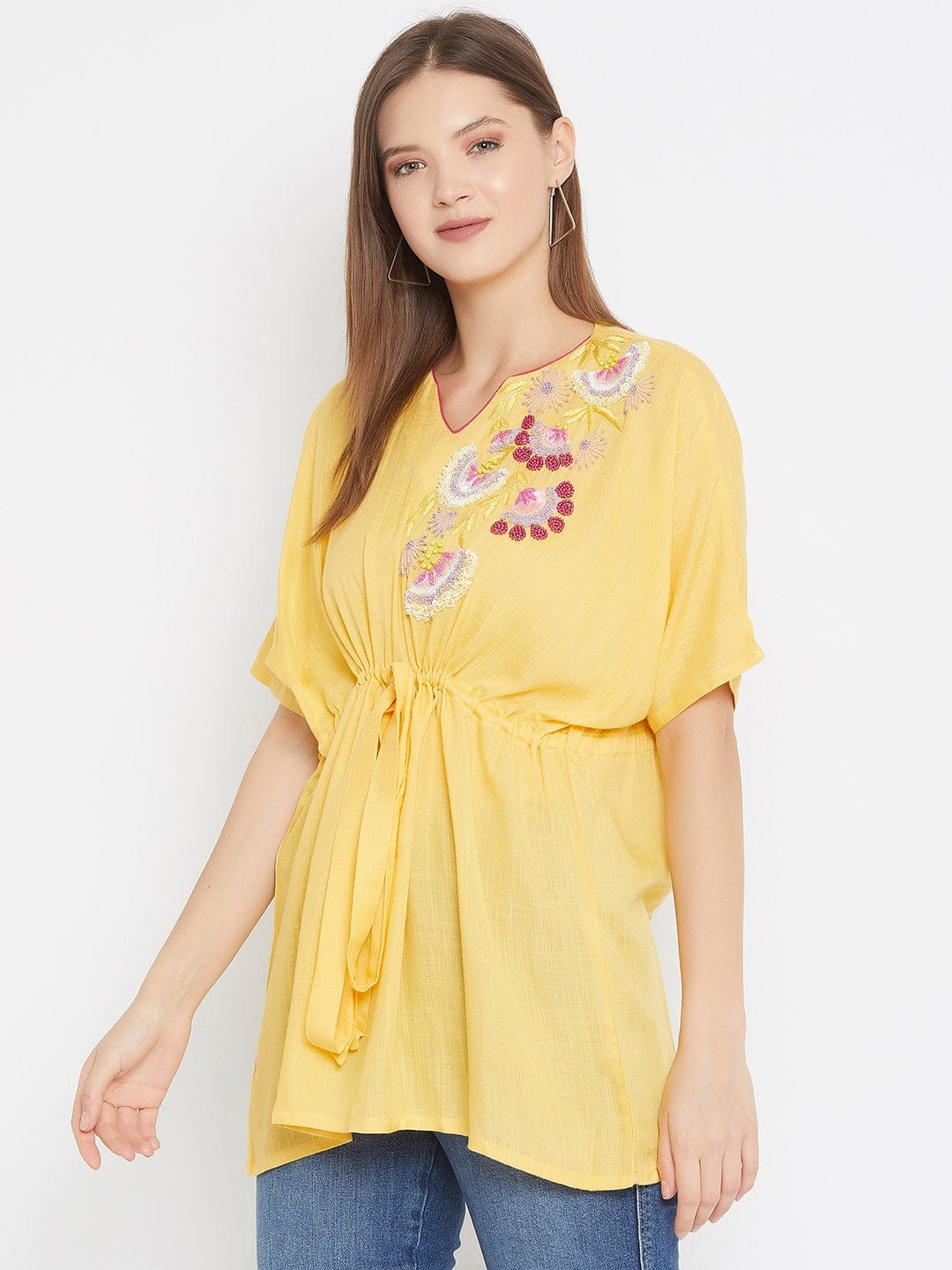 The Kaftan Company Tops Solid Yellow Top with Sequin Hand Embroidery