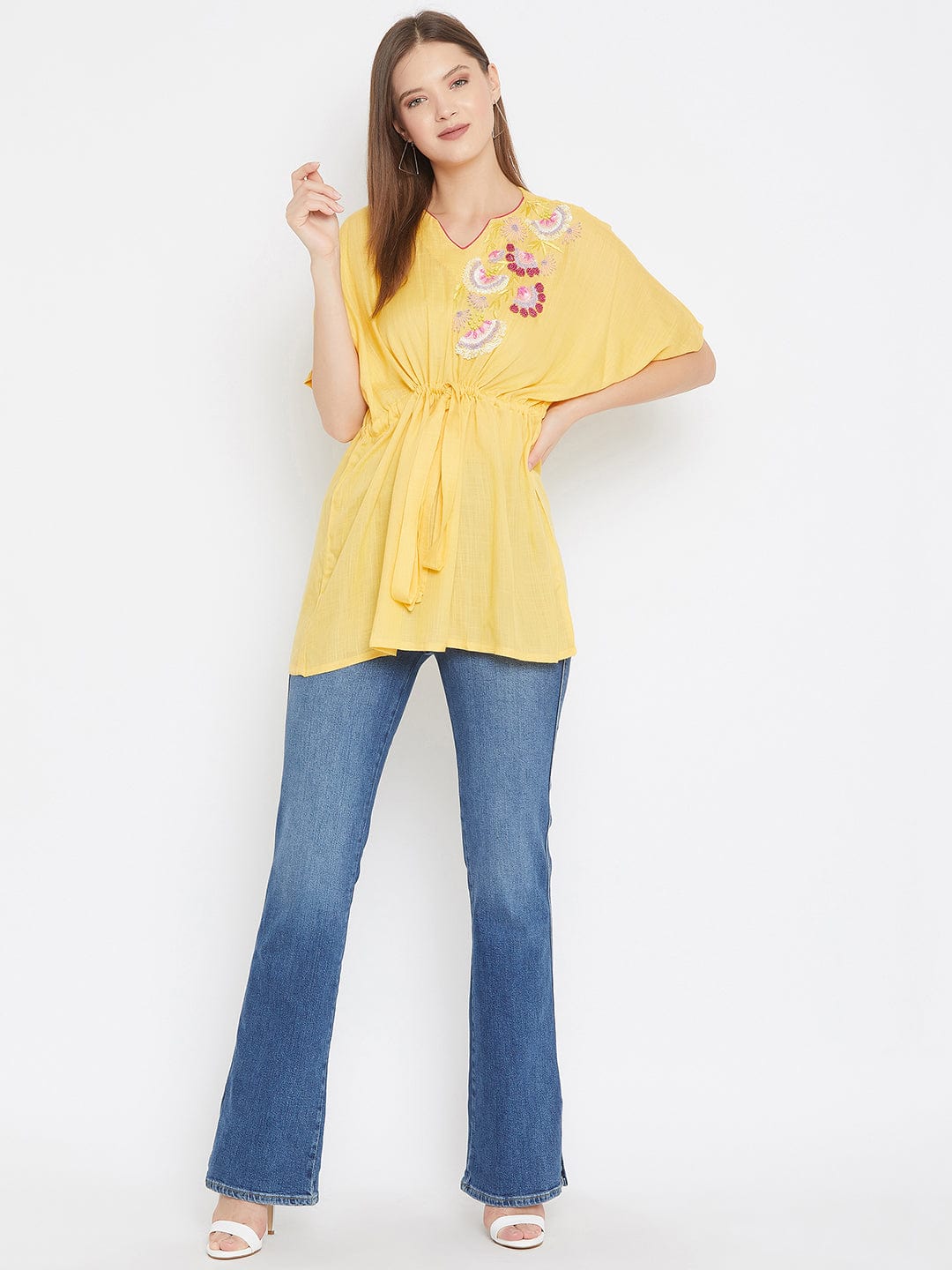 The Kaftan Company Tops Solid Yellow Top with Sequin Hand Embroidery