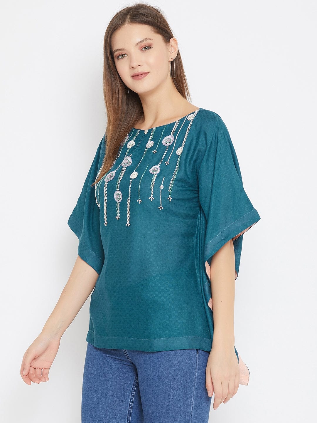 The Kaftan Company Tops Teal Blue Kaftan Top with Sequin Hand Embroidery