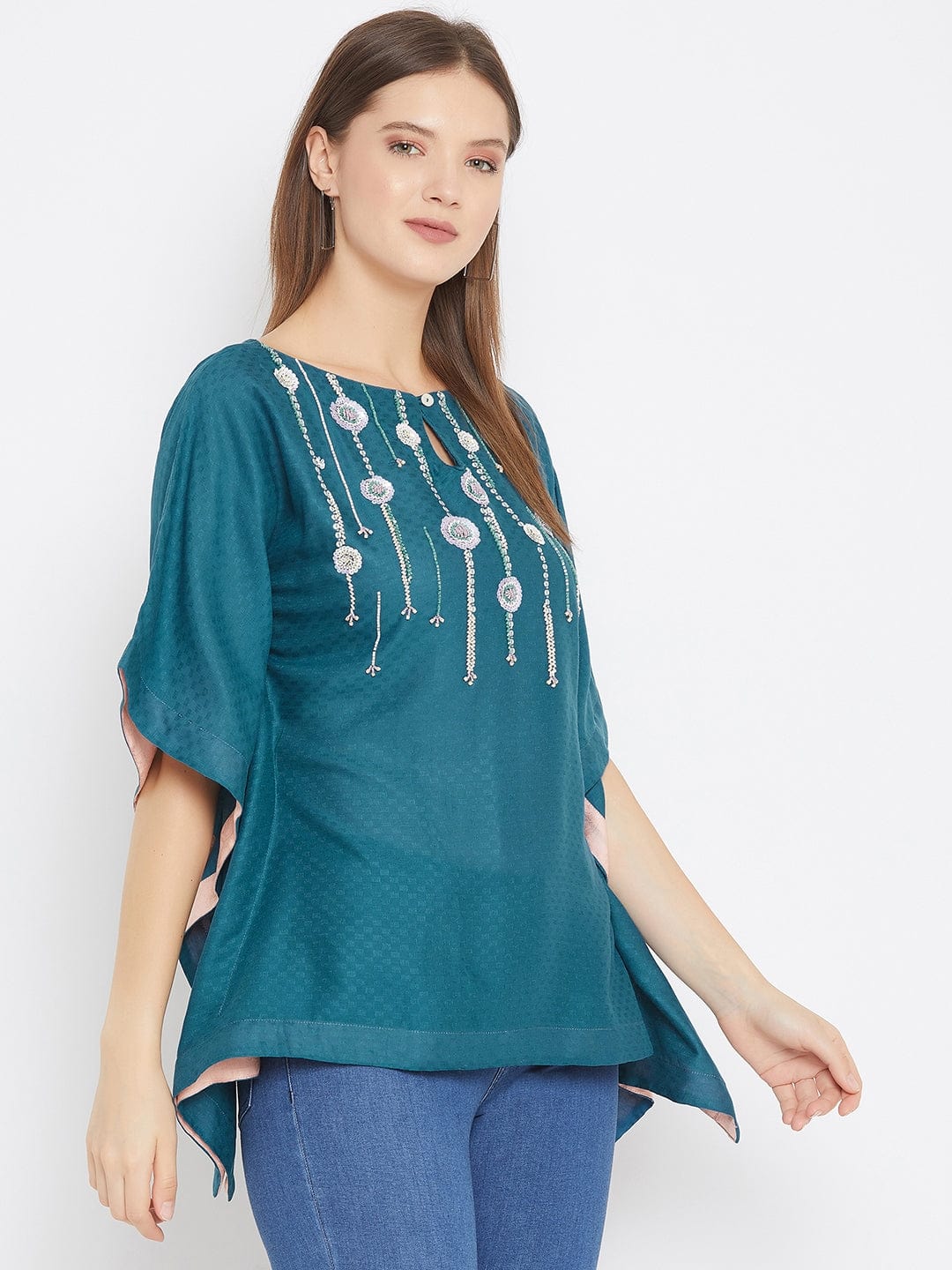 The Kaftan Company Tops Teal Blue Kaftan Top with Sequin Hand Embroidery