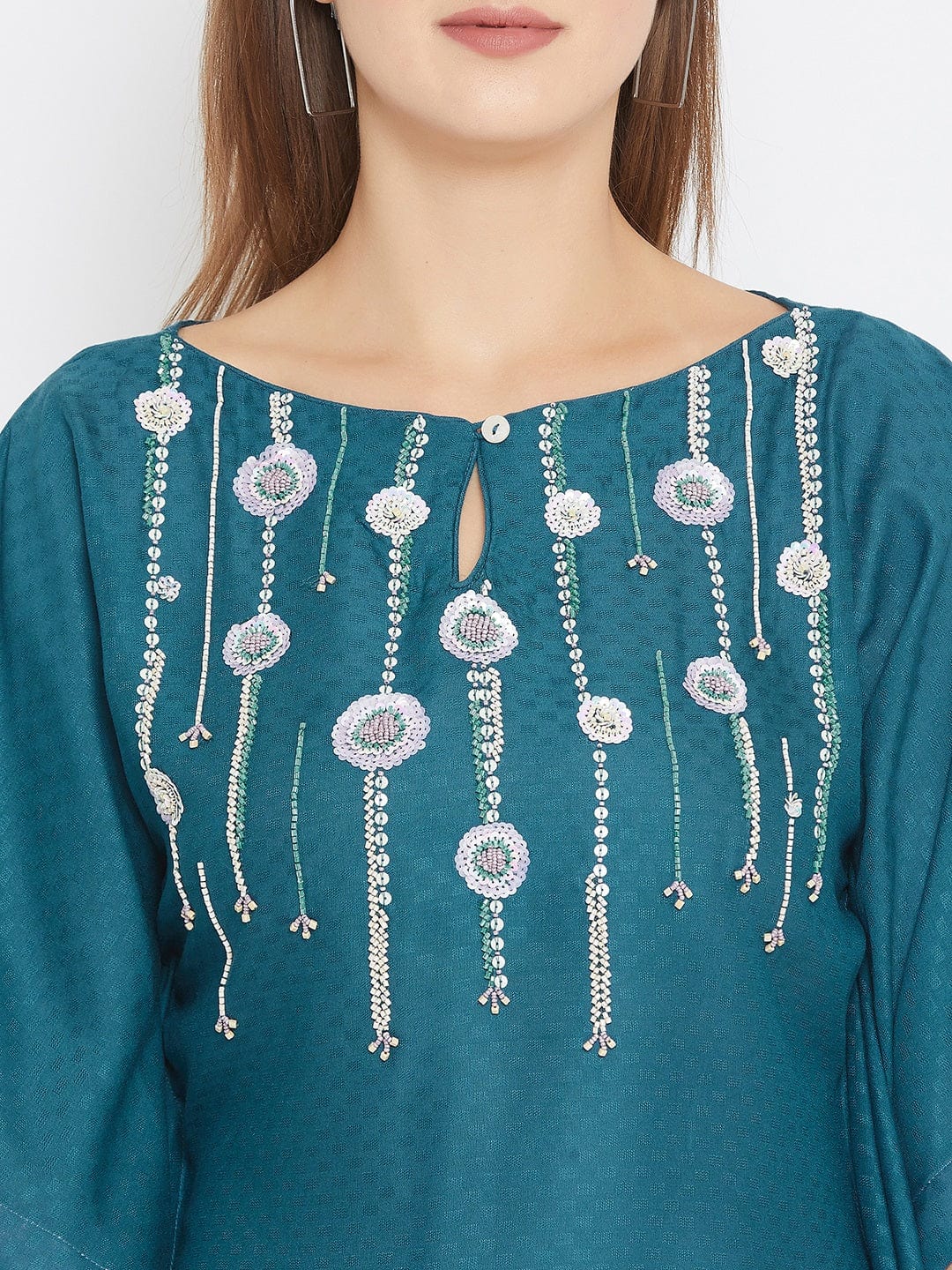 The Kaftan Company Tops Teal Blue Kaftan Top with Sequin Hand Embroidery
