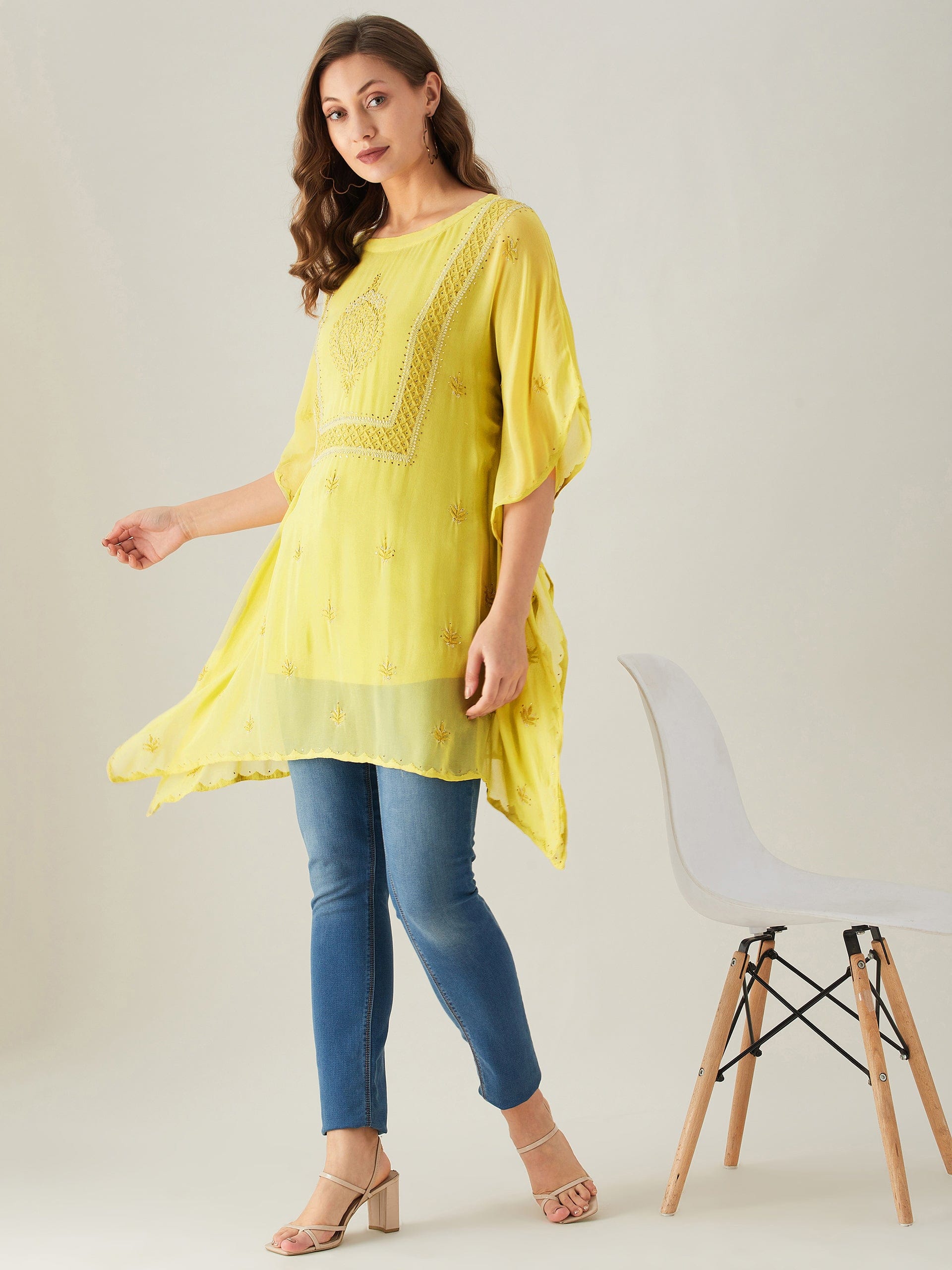 The Kaftan Company Tops Yellow Chikankari Georgette Kaftan Top