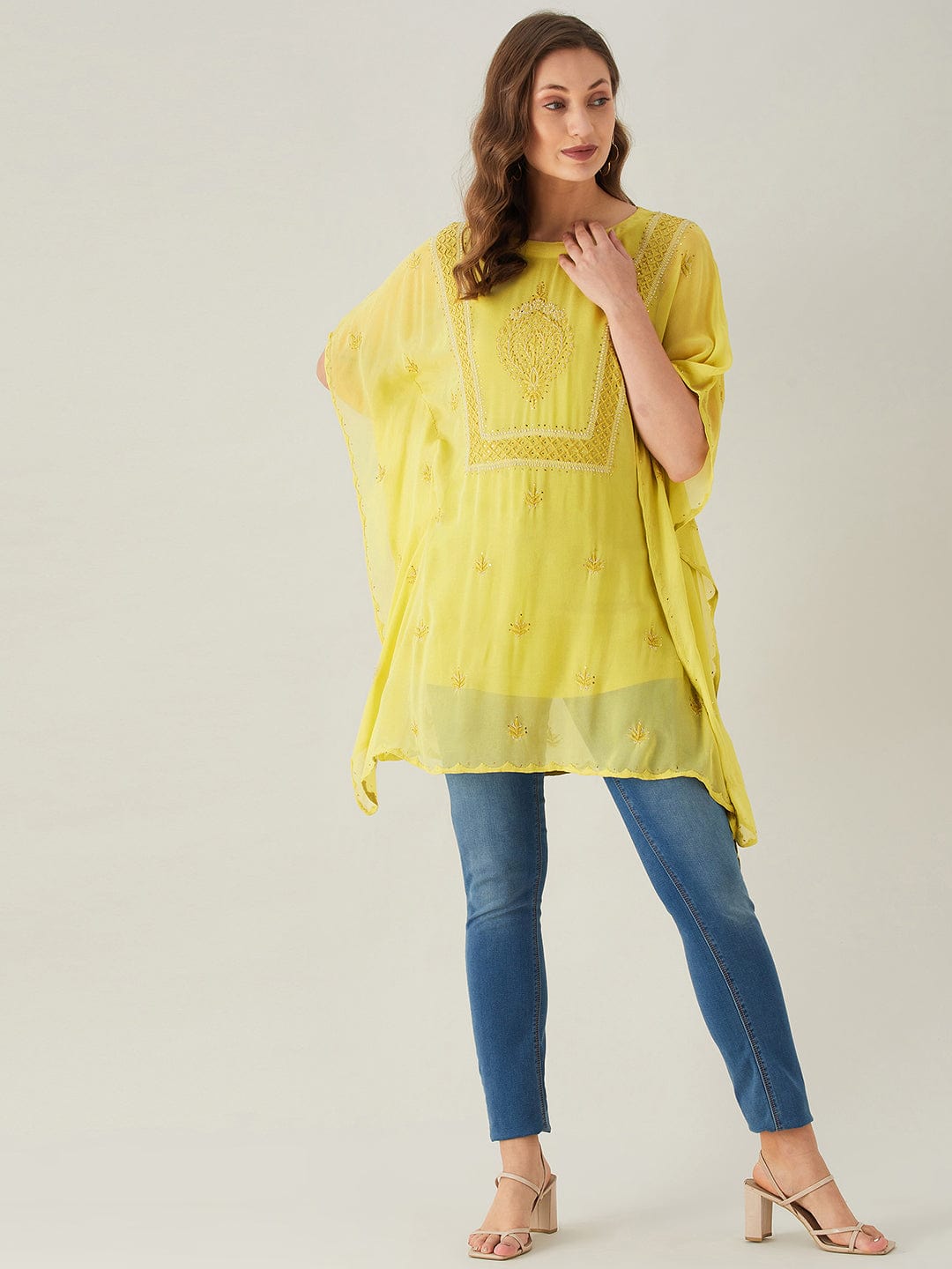 The Kaftan Company Tops Yellow Chikankari Georgette Kaftan Top