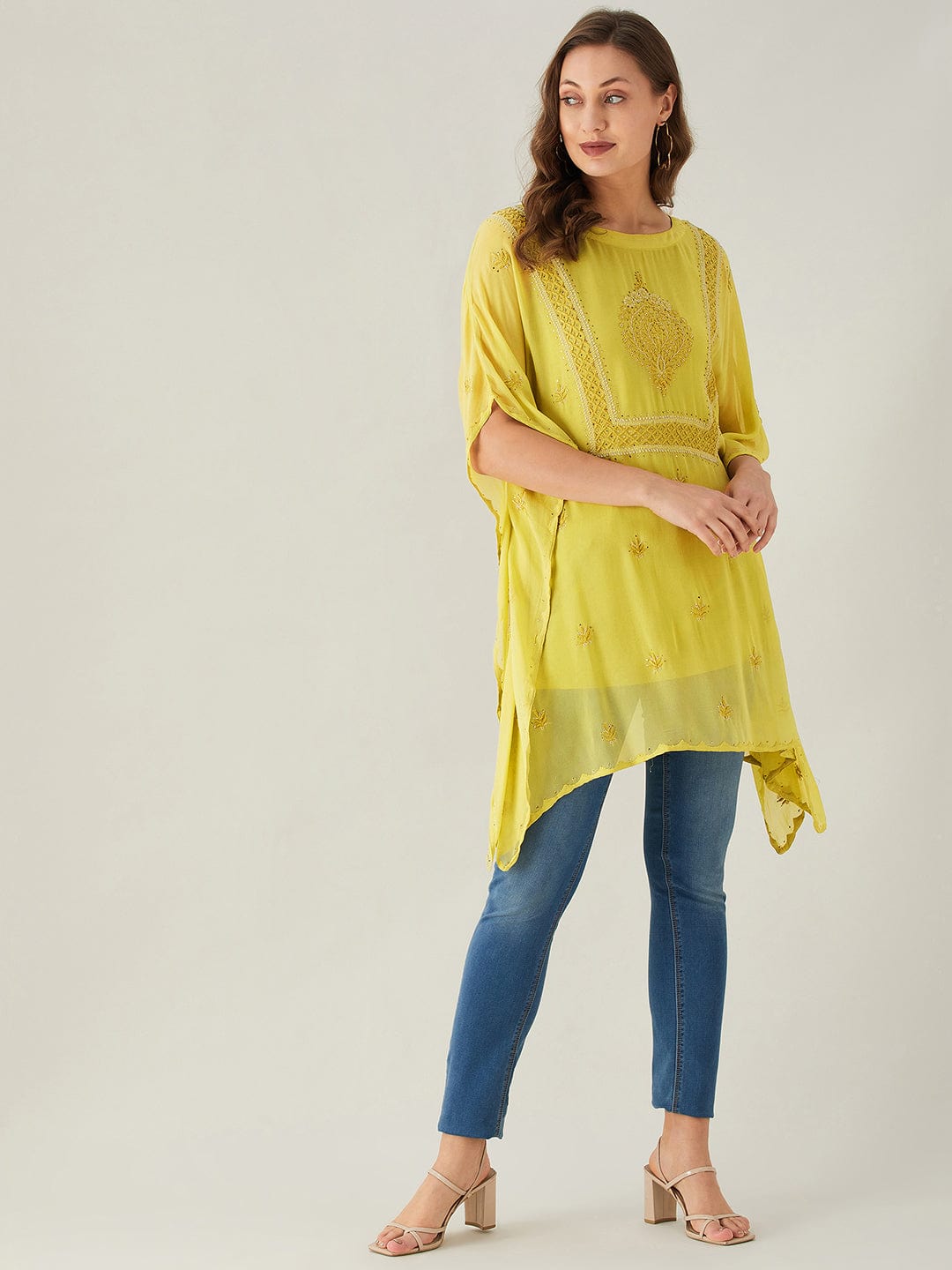 The Kaftan Company Tops Yellow Chikankari Georgette Kaftan Top