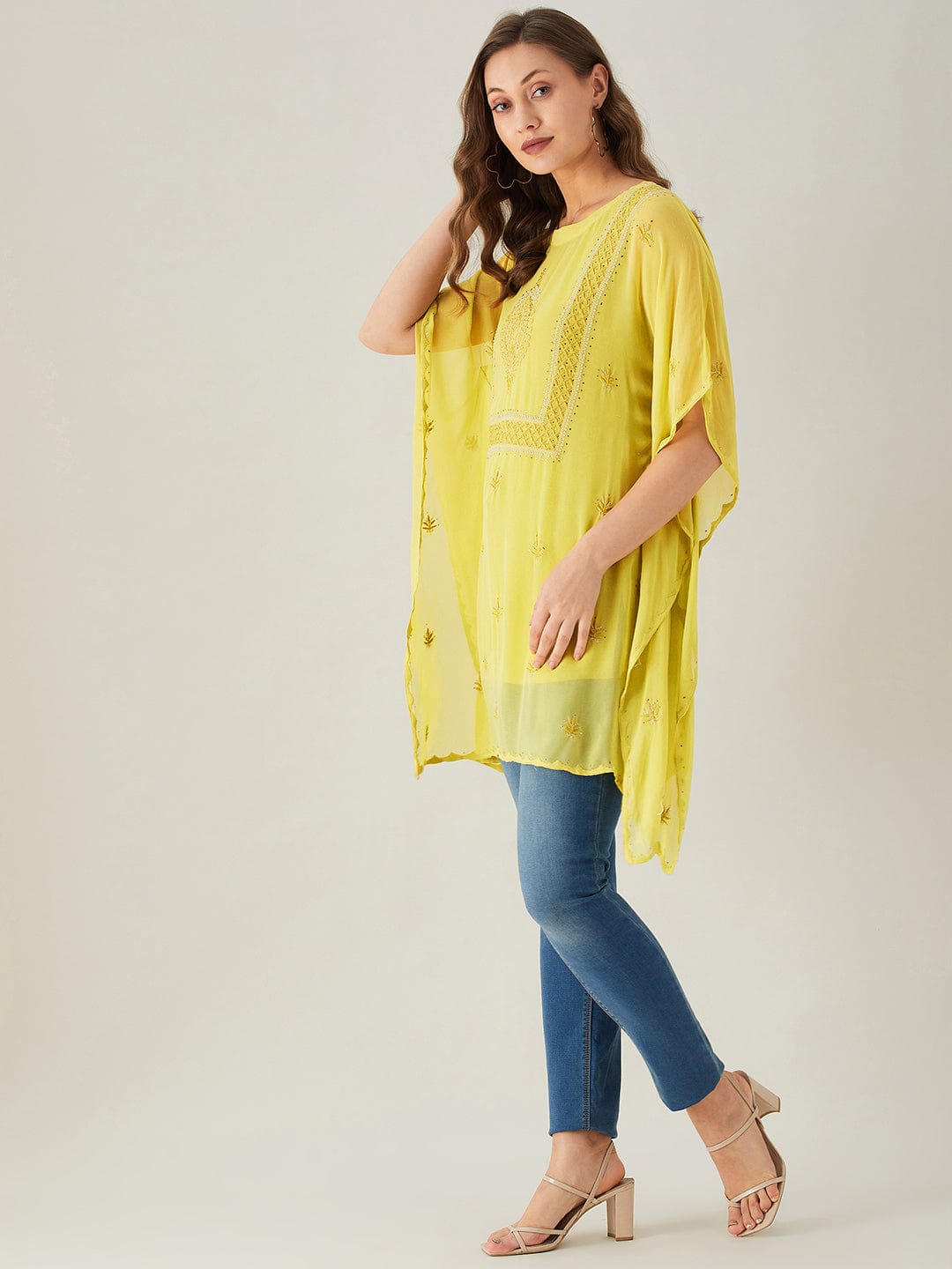 The Kaftan Company Tops Yellow Chikankari Georgette Kaftan Top